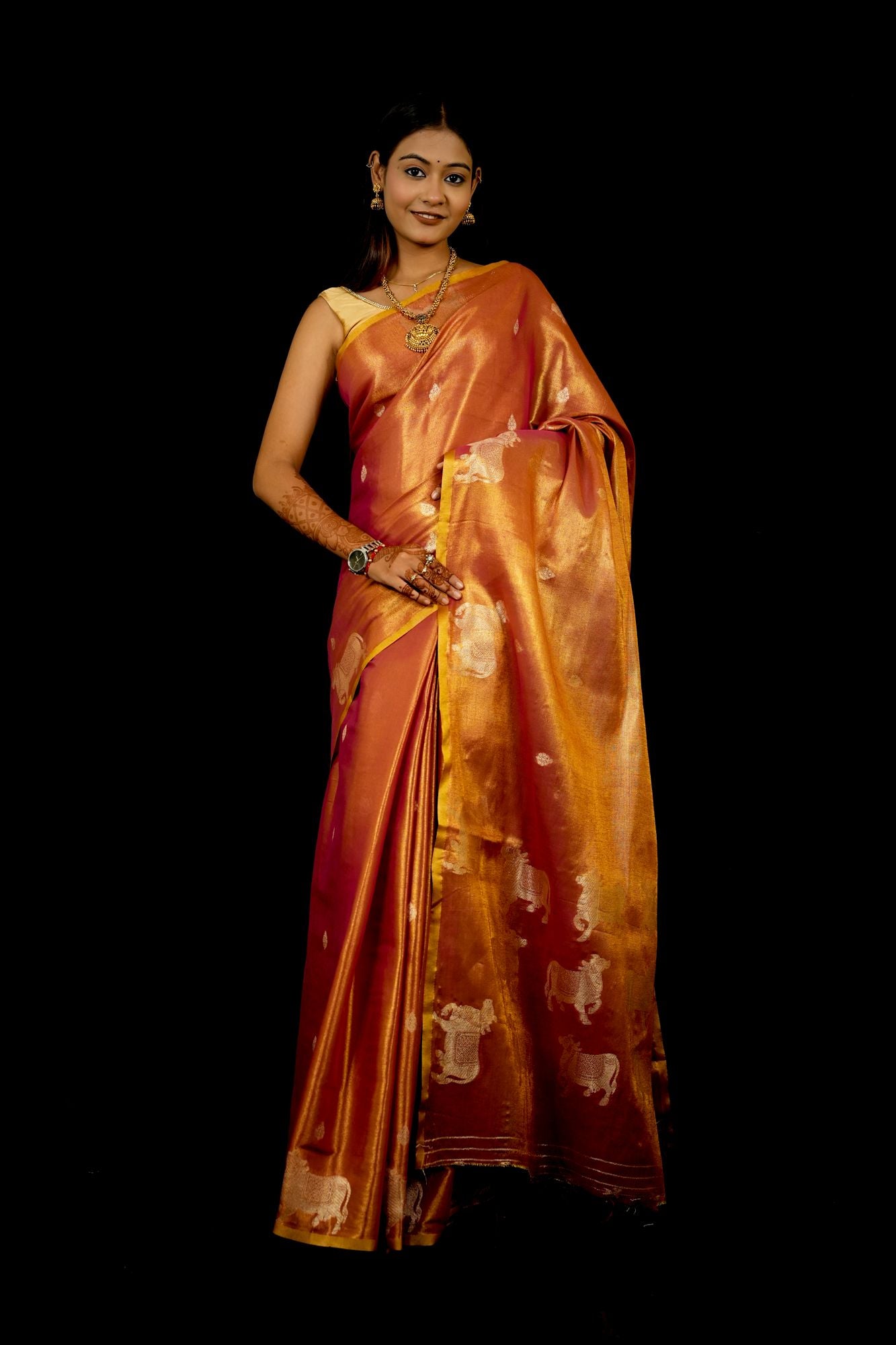 Zari Tissue Silk with Intricate Nandi Motifs Ready To Wear Saree