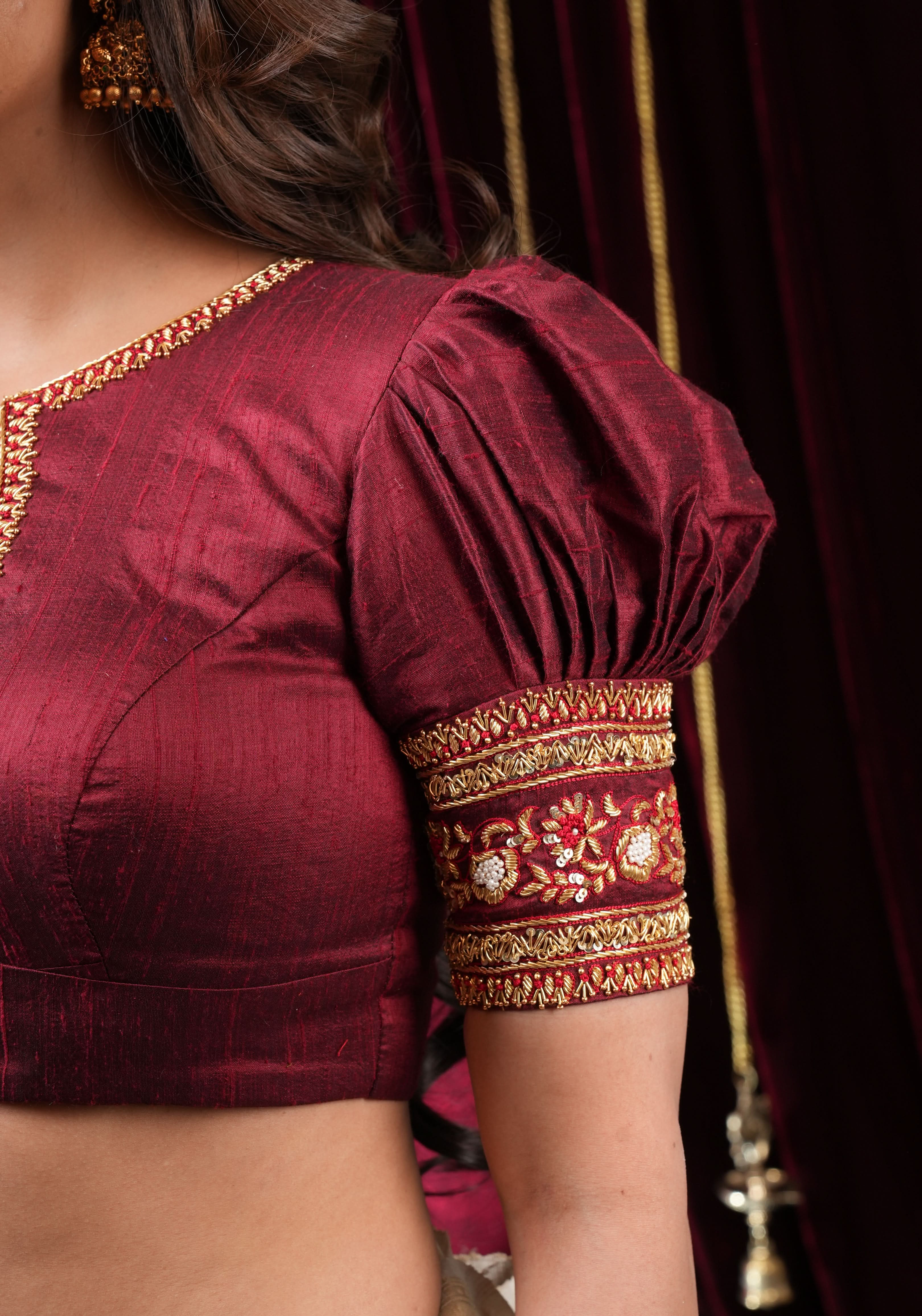 Maroon Pure Raw Silk Blouse with Hand Zardosi detailing and Puff Sleeves, Made to Order | Shobitam