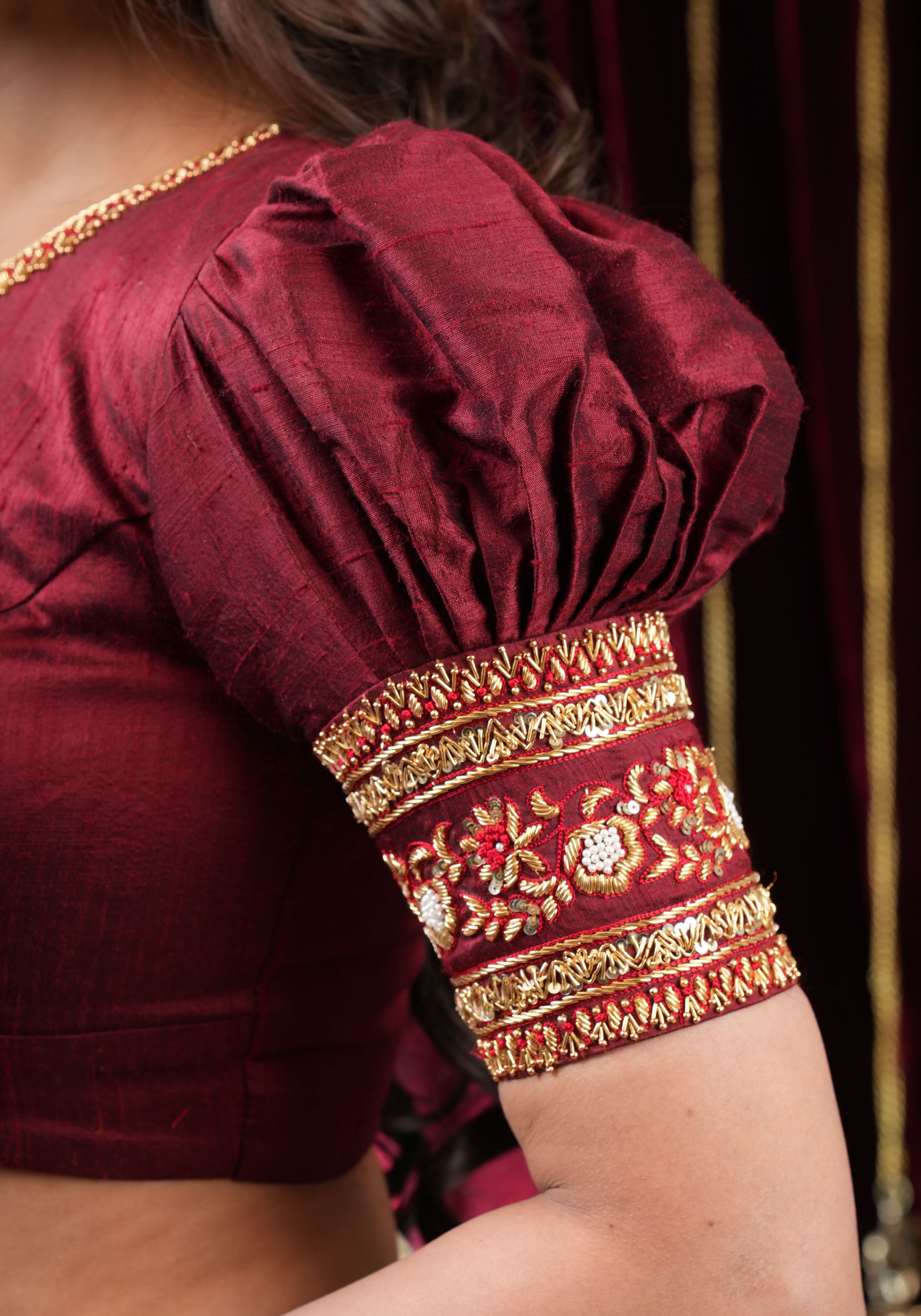 Maroon Pure Raw Silk Blouse with Hand Zardosi detailing and Puff Sleeves, Made to Order | Shobitam