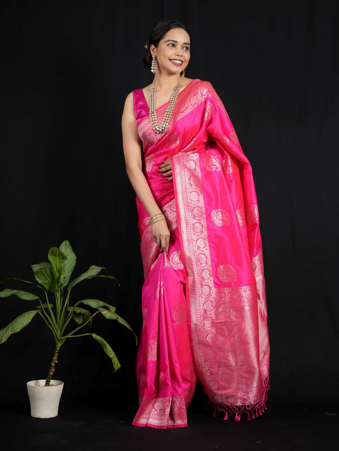 Banarasi with Golden Zari Floral & Paisley Motifs Ready To Wear Saree