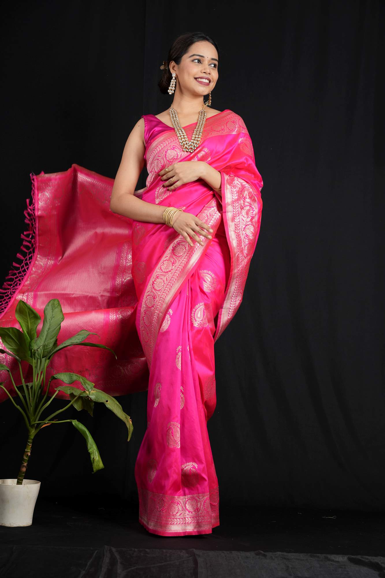 Banarasi with Golden Zari Floral & Paisley Motifs Ready To Wear Saree