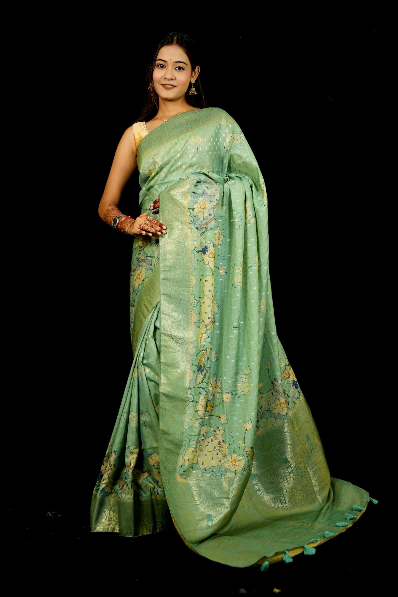 Viscose Georgette with Woven Detailing, Digital Prints & Tassels Ready To Wear Saree