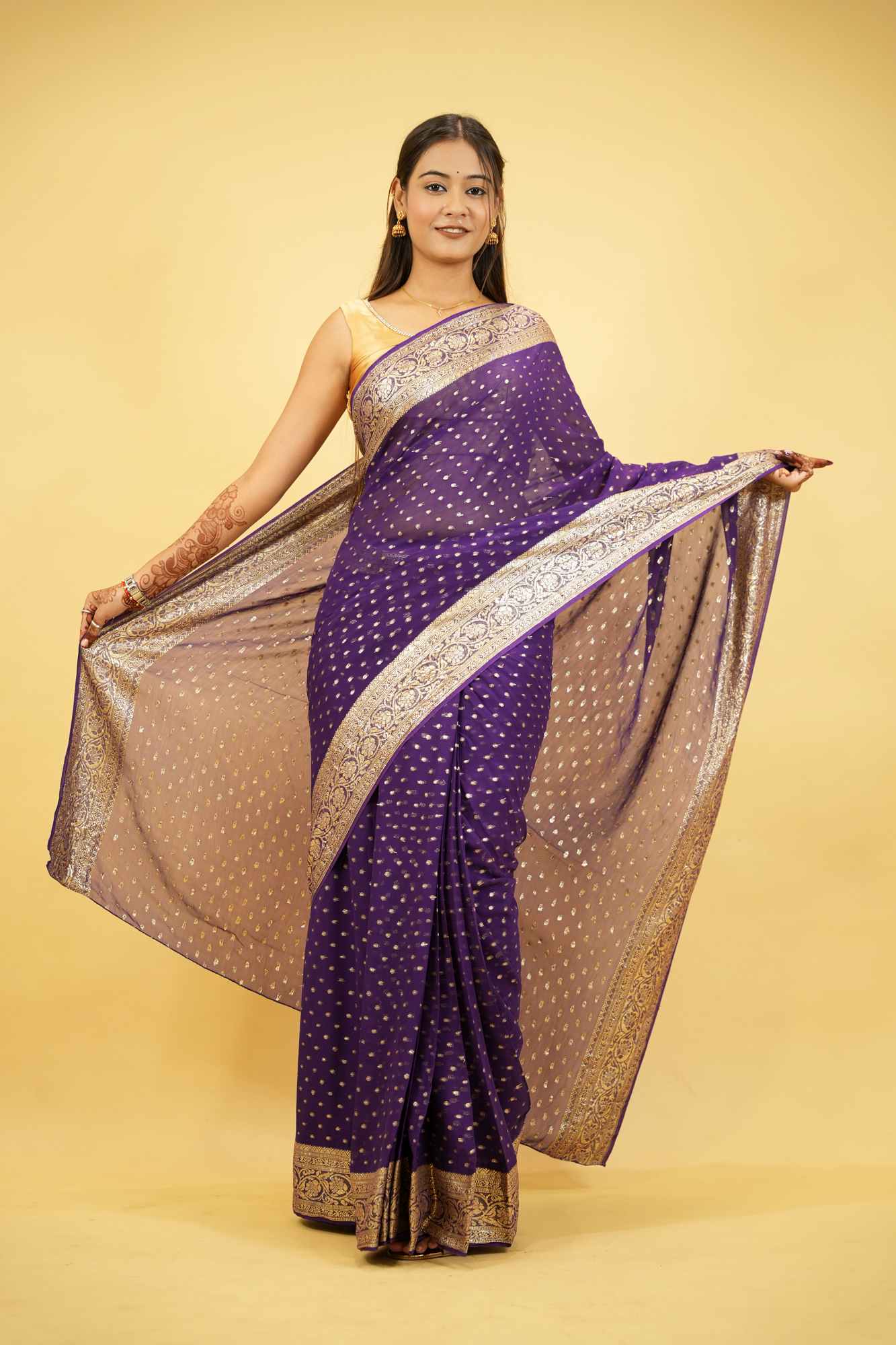 Viscose Georgette in Purple with Gold Butti and Intricate Border Ready To Wear Saree