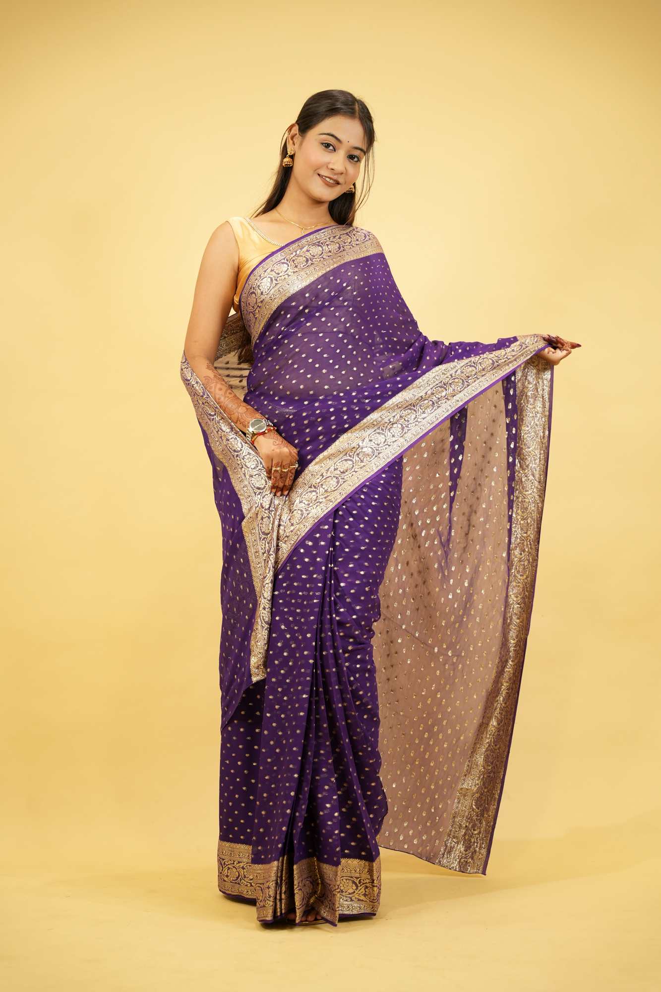 Viscose Georgette in Purple with Gold Butti and Intricate Border Ready To Wear Saree