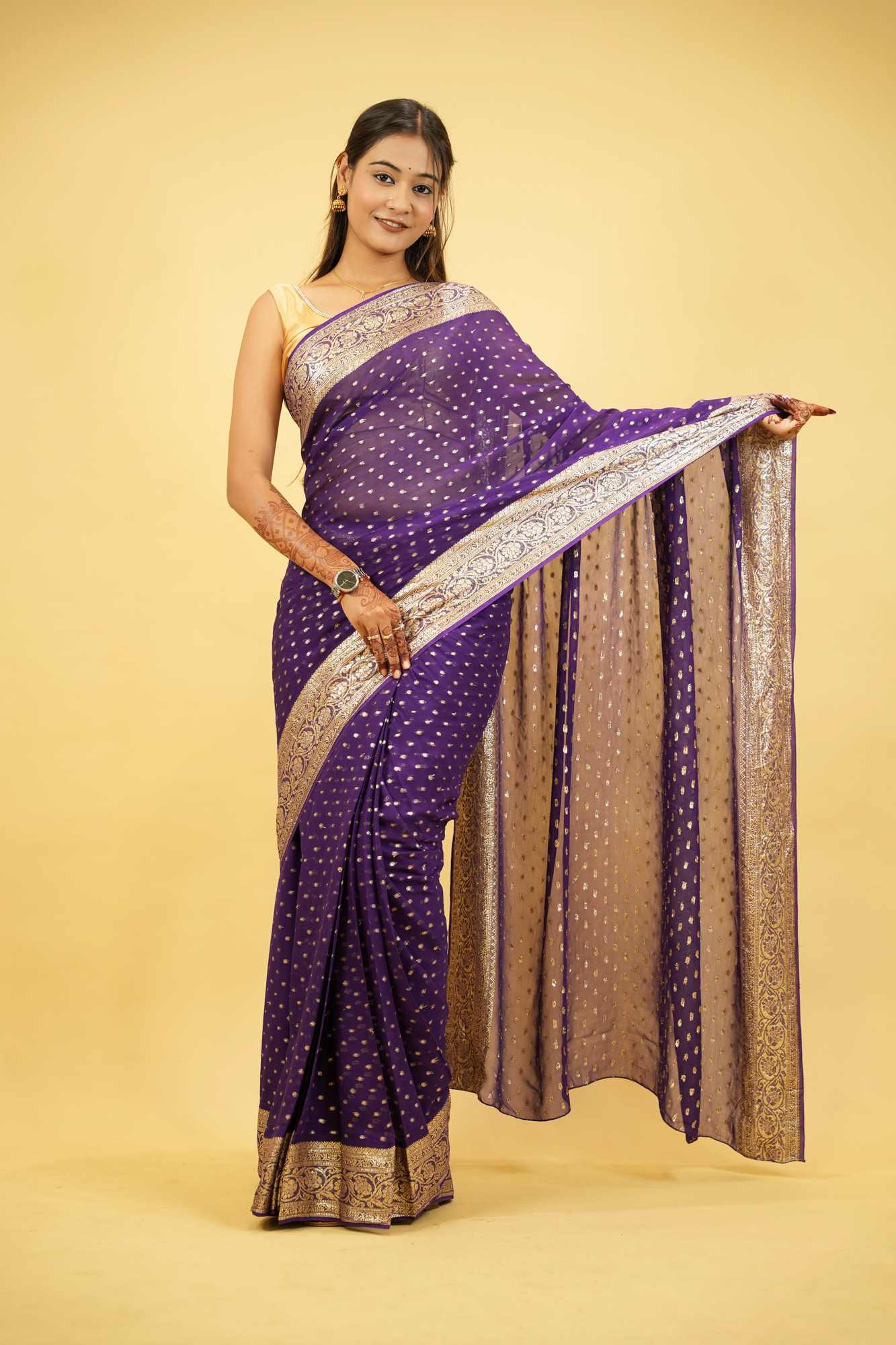 Viscose Georgette in Purple with Gold Butti and Intricate Border Ready To Wear Saree