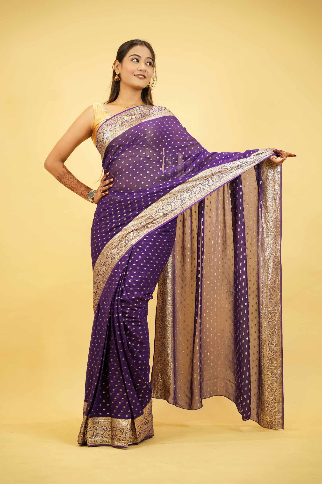 Viscose Georgette in Purple with Gold Butti and Intricate Border Ready To Wear Saree