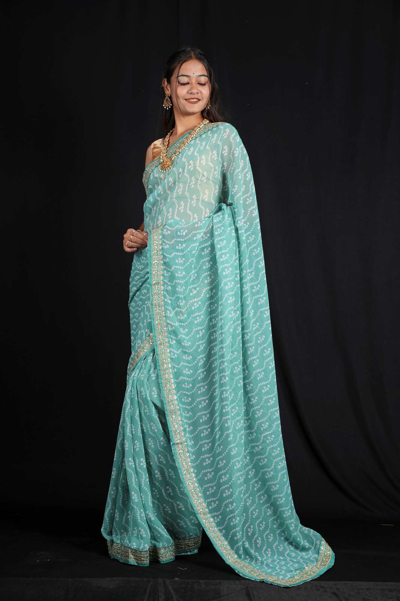 Bandhani-Print Georgette in Sea Green with Zari Accents Ready To Wear Saree