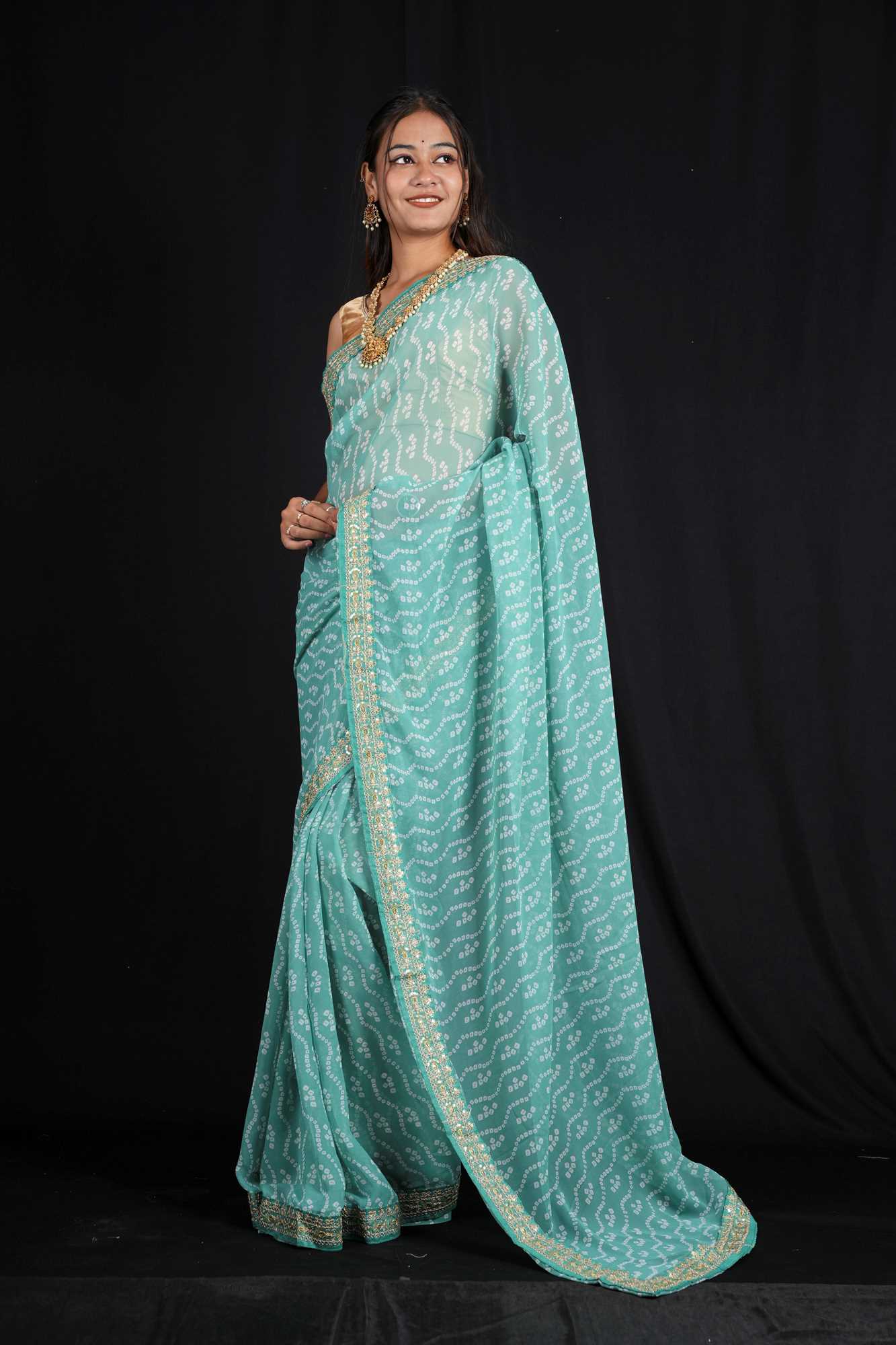Bandhani-Print Georgette in Sea Green with Zari Accents Ready To Wear Saree