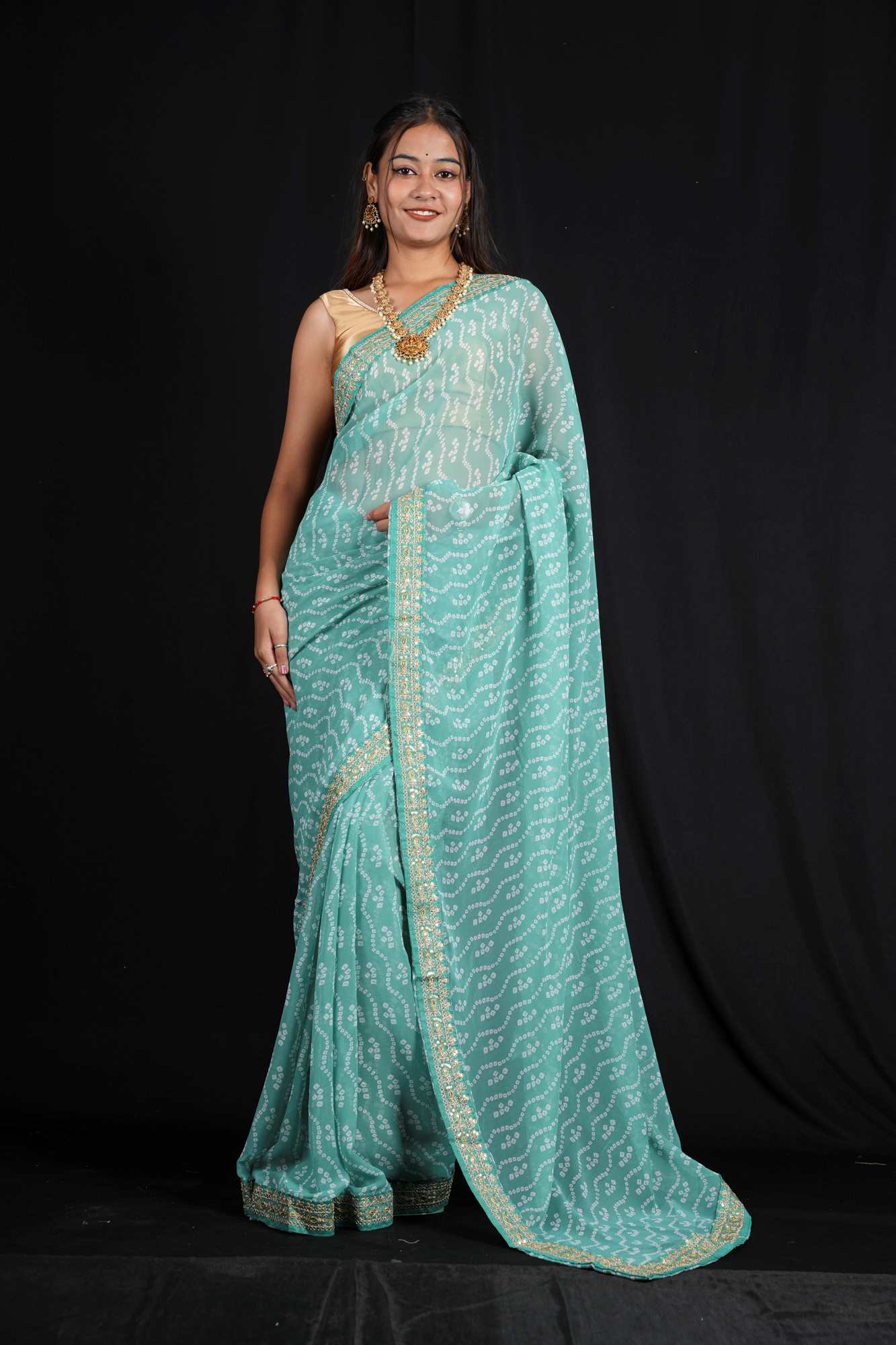Bandhani-Print Georgette in Sea Green with Zari Accents Ready To Wear Saree