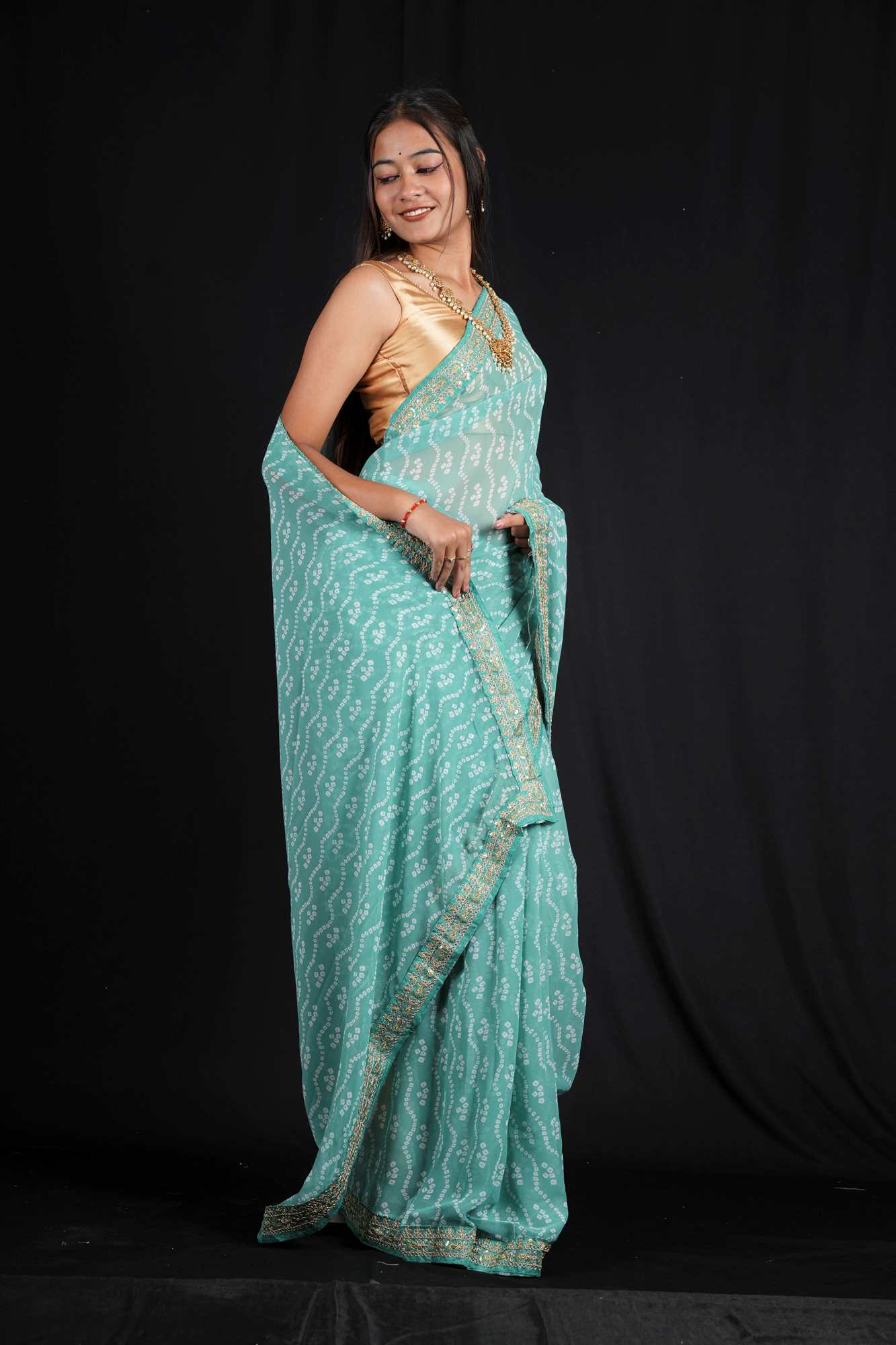 Bandhani-Print Georgette in Sea Green with Zari Accents Ready To Wear Saree