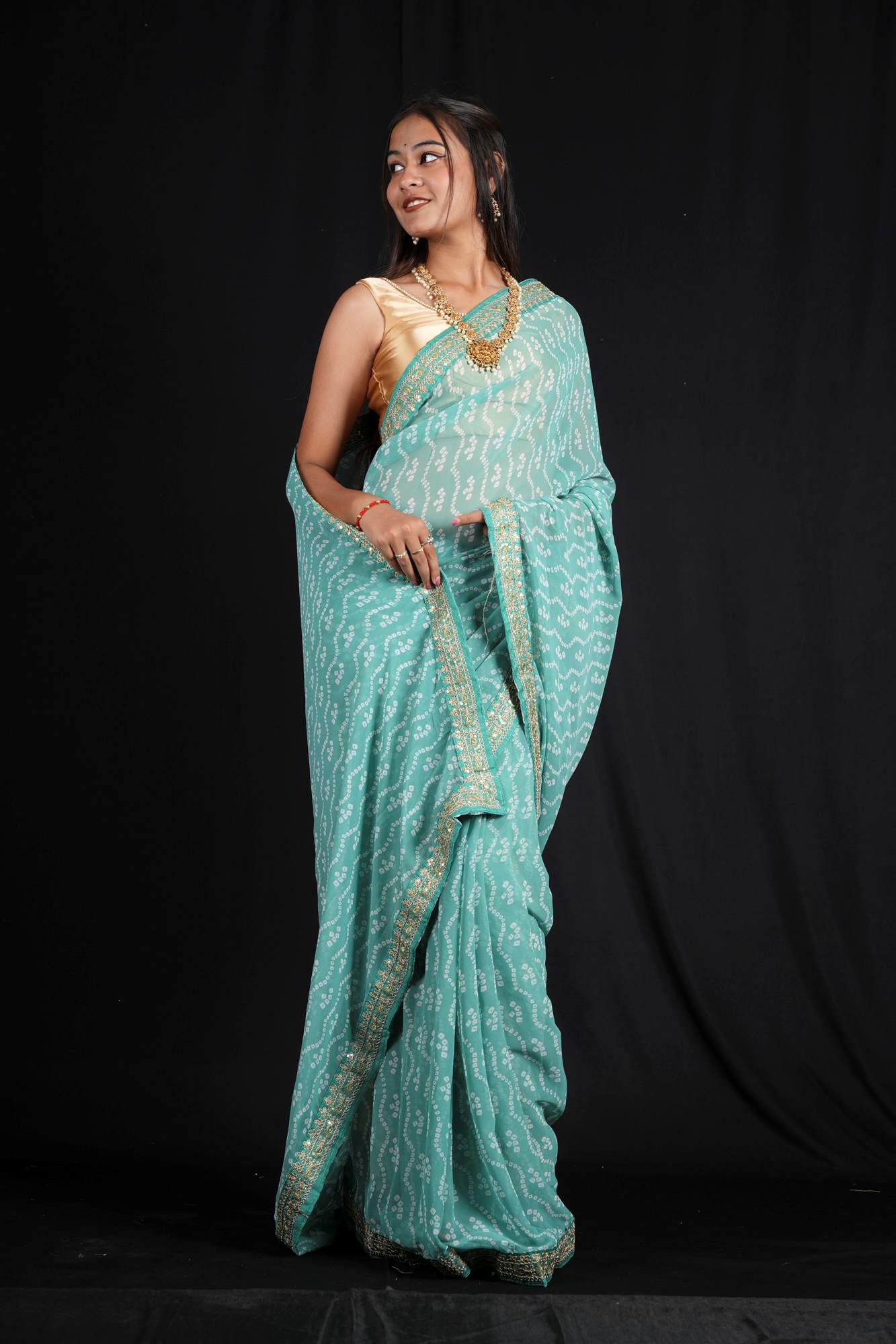 Bandhani-Print Georgette in Sea Green with Zari Accents Ready To Wear Saree