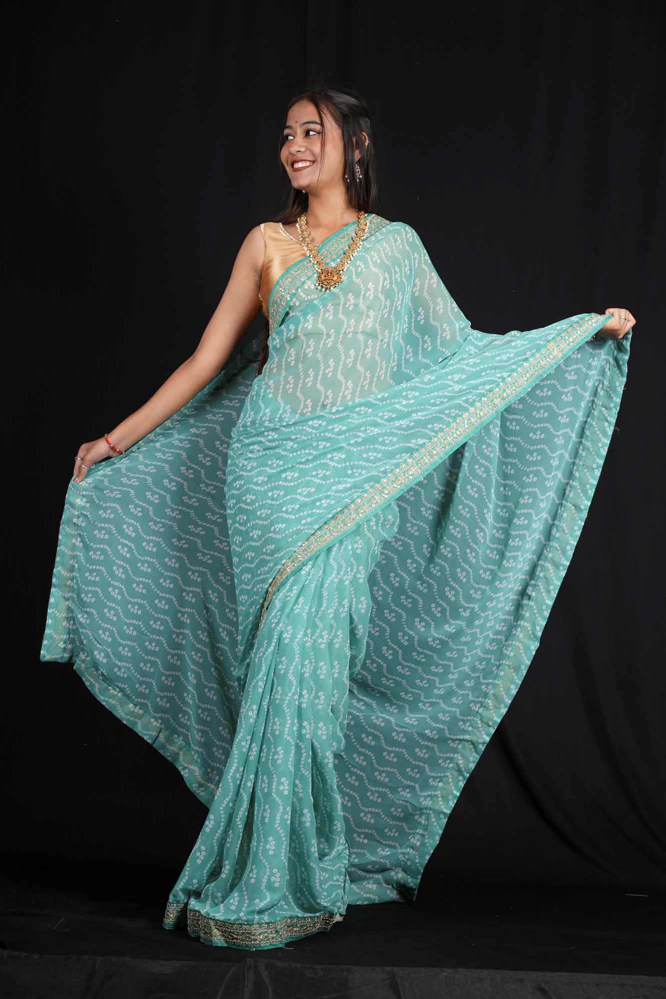 Bandhani-Print Georgette in Sea Green with Zari Accents Ready To Wear Saree