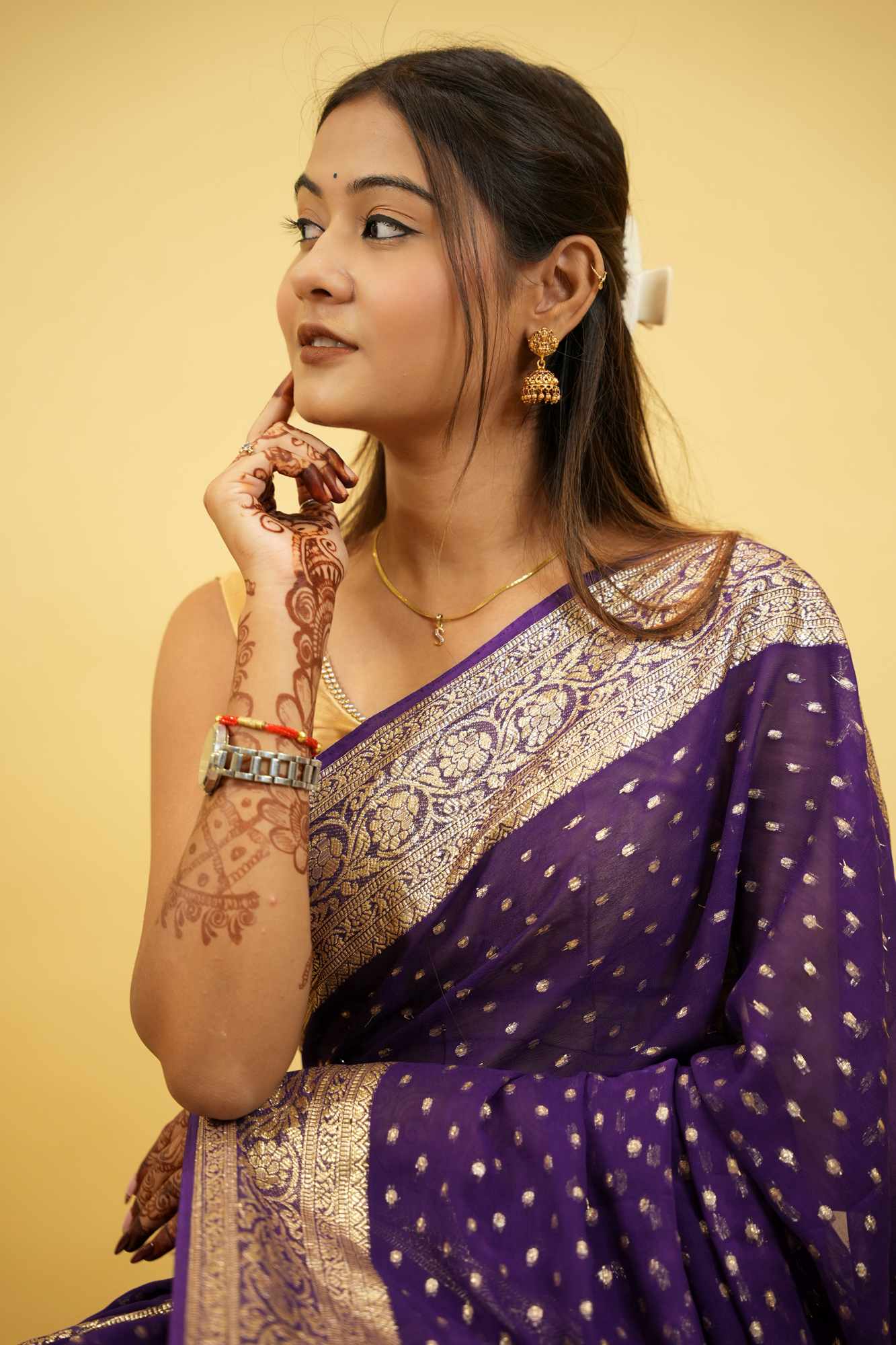 Viscose Georgette in Purple with Gold Butti and Intricate Border Ready To Wear Saree