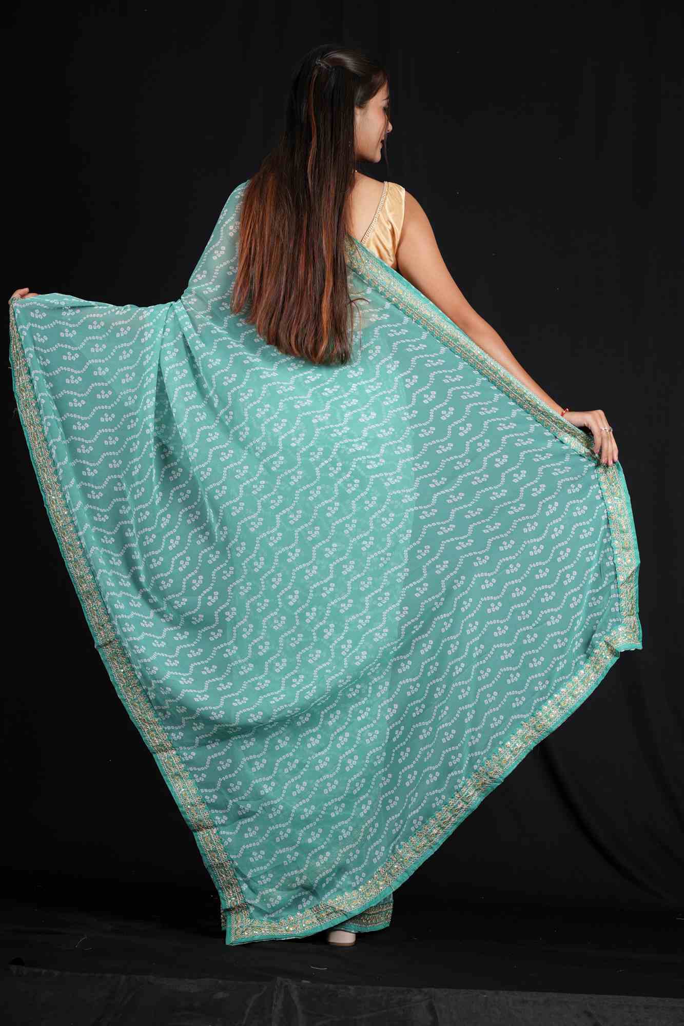 Bandhani-Print Georgette in Sea Green with Zari Accents Ready To Wear Saree