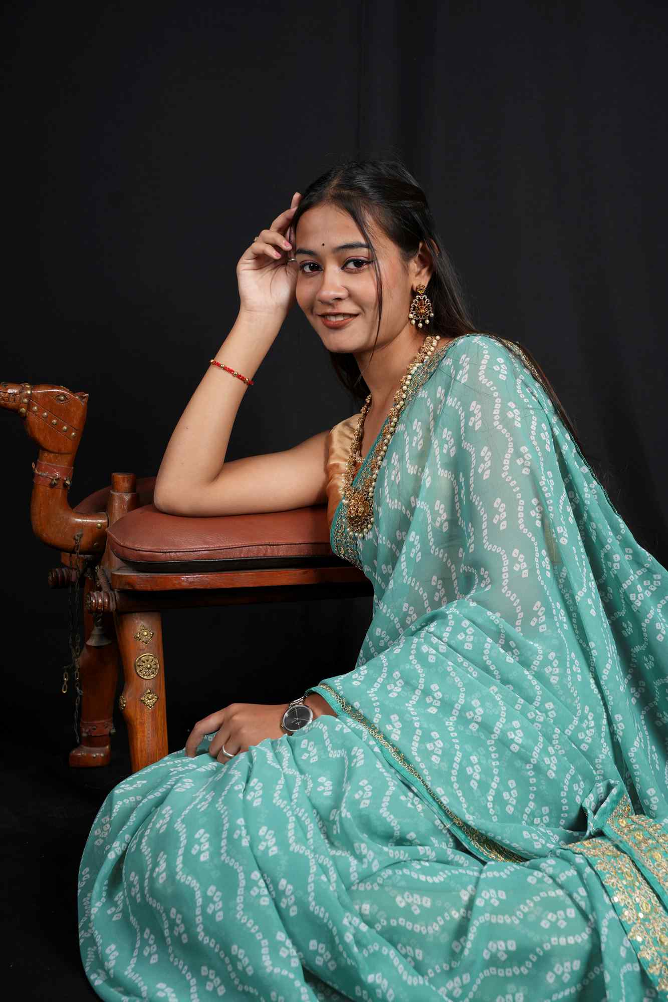 Bandhani-Print Georgette in Sea Green with Zari Accents Ready To Wear Saree