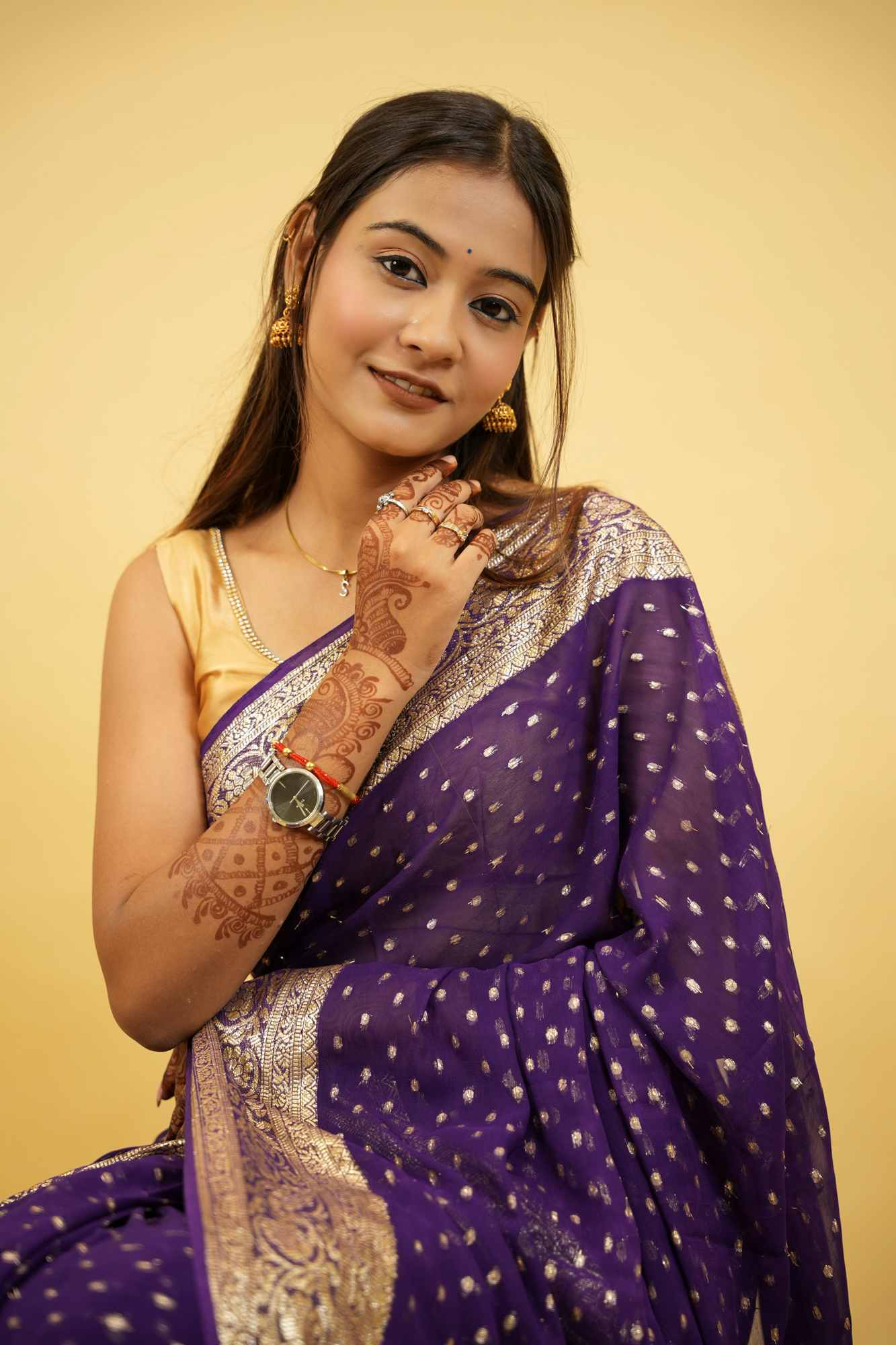 Viscose Georgette in Purple with Gold Butti and Intricate Border Ready To Wear Saree