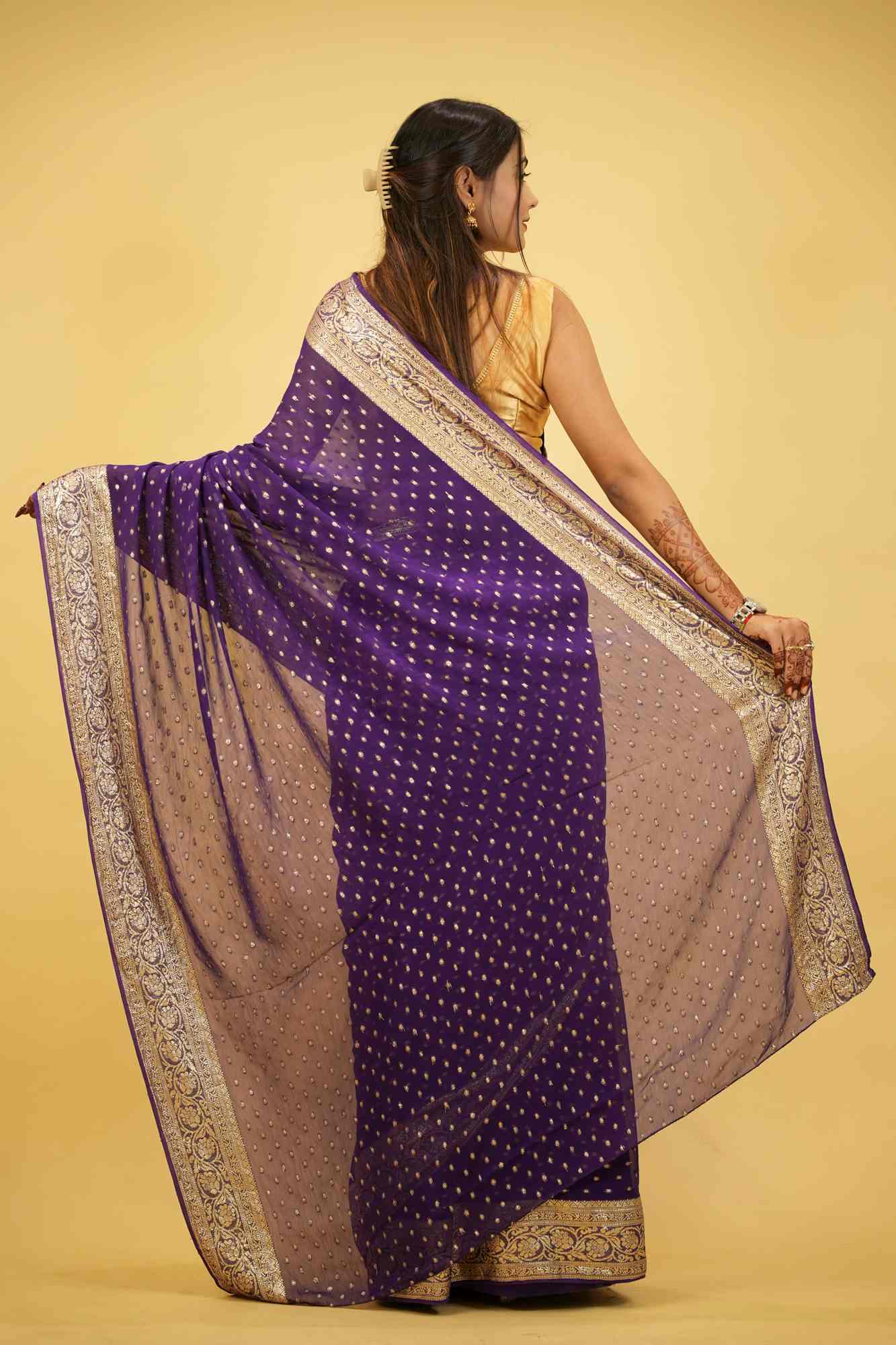 Viscose Georgette in Purple with Gold Butti and Intricate Border Ready To Wear Saree