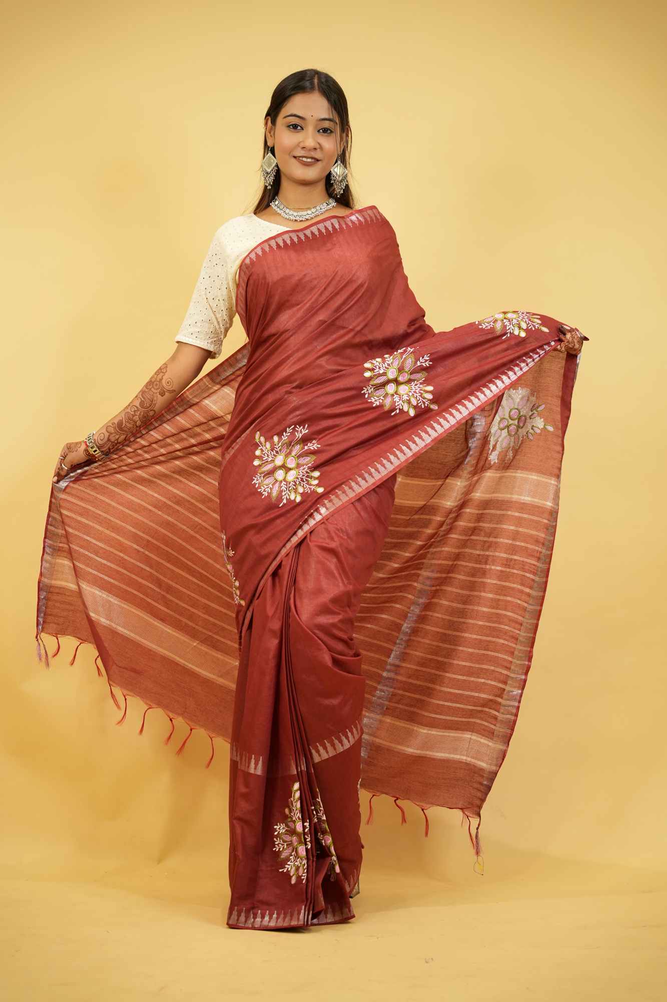 Kota Silk Staple Hand woven With Floral Embroidered Ready To Wear Saree