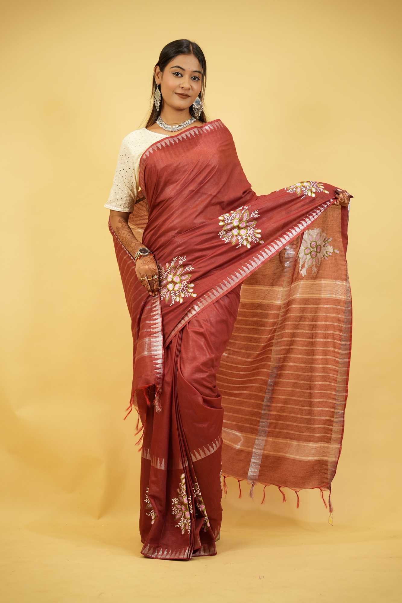 Kota Silk Staple Hand woven With Floral Embroidered Ready To Wear Saree