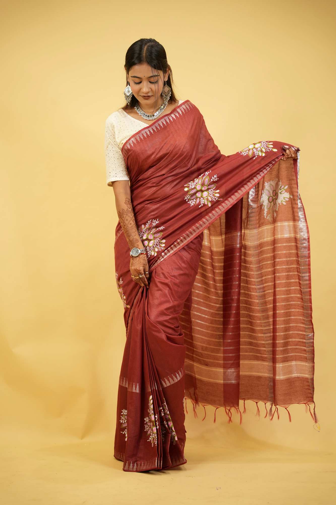 Kota Silk Staple Hand woven With Floral Embroidered Ready To Wear Saree