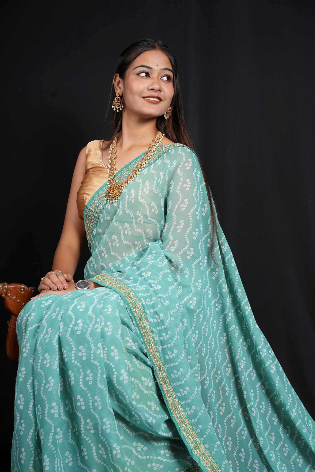 Bandhani-Print Georgette in Sea Green with Zari Accents Ready To Wear Saree
