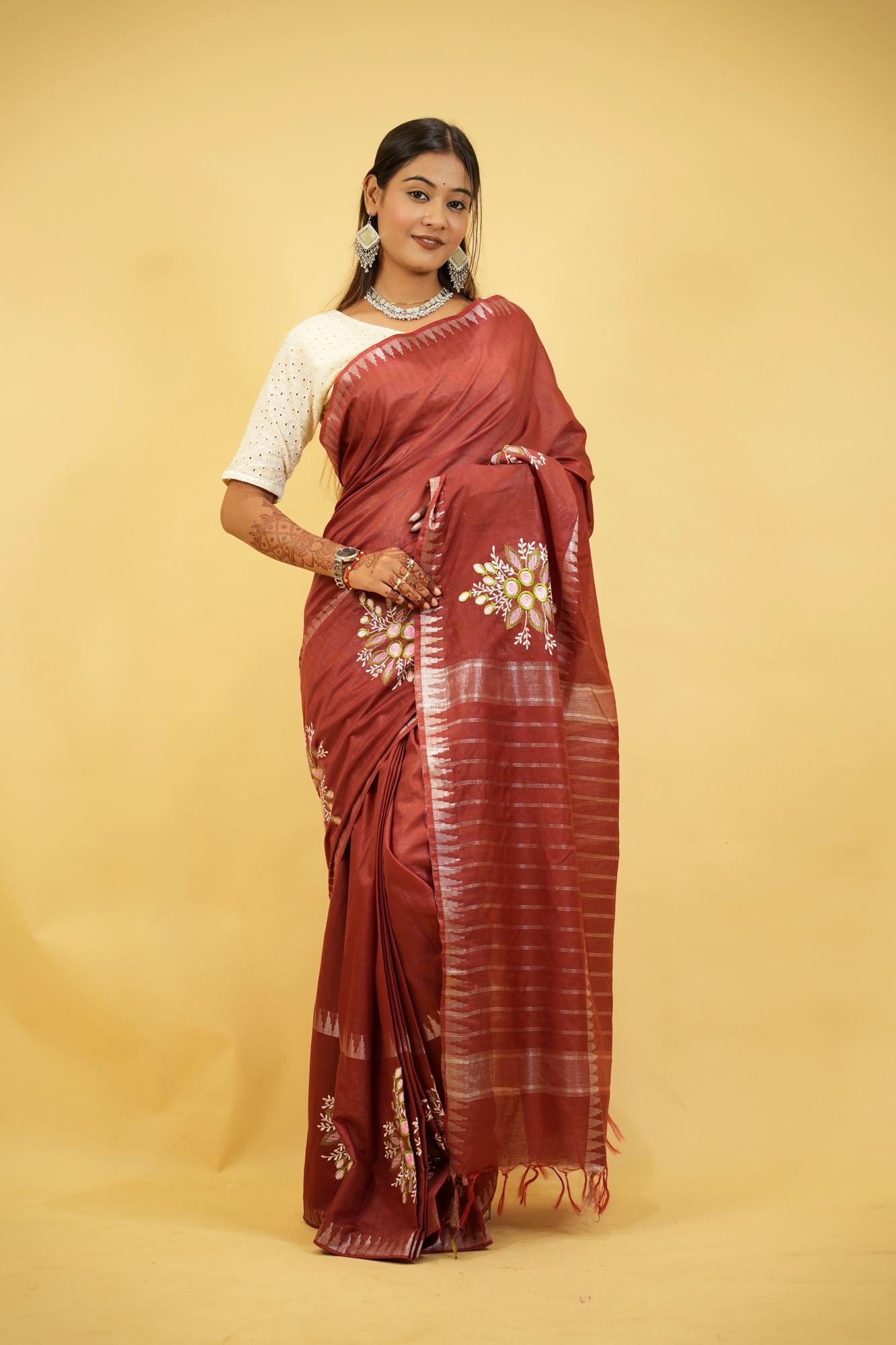 Kota Silk Staple Hand woven With Floral Embroidered Ready To Wear Saree