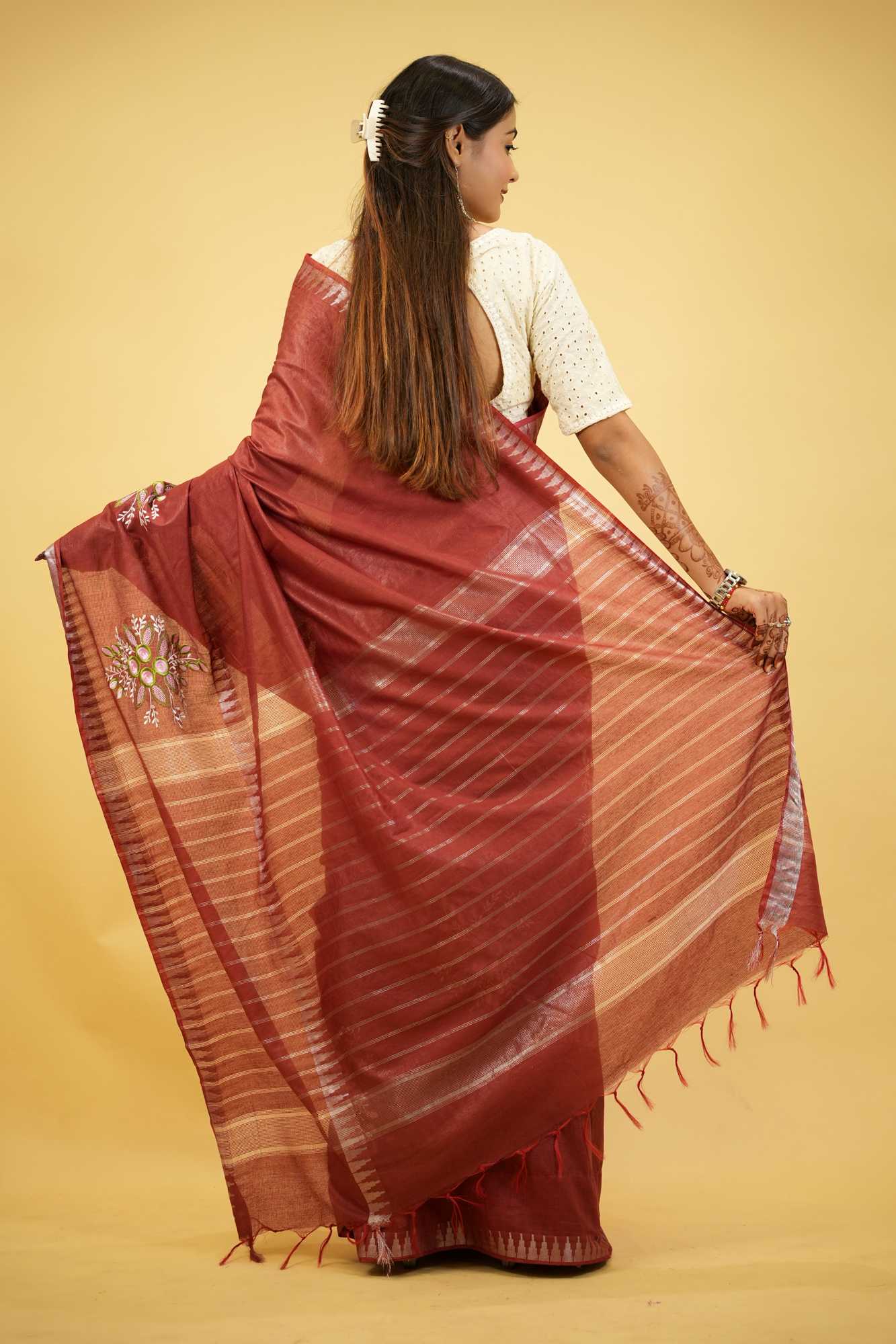 Kota Silk Staple Hand woven With Floral Embroidered Ready To Wear Saree