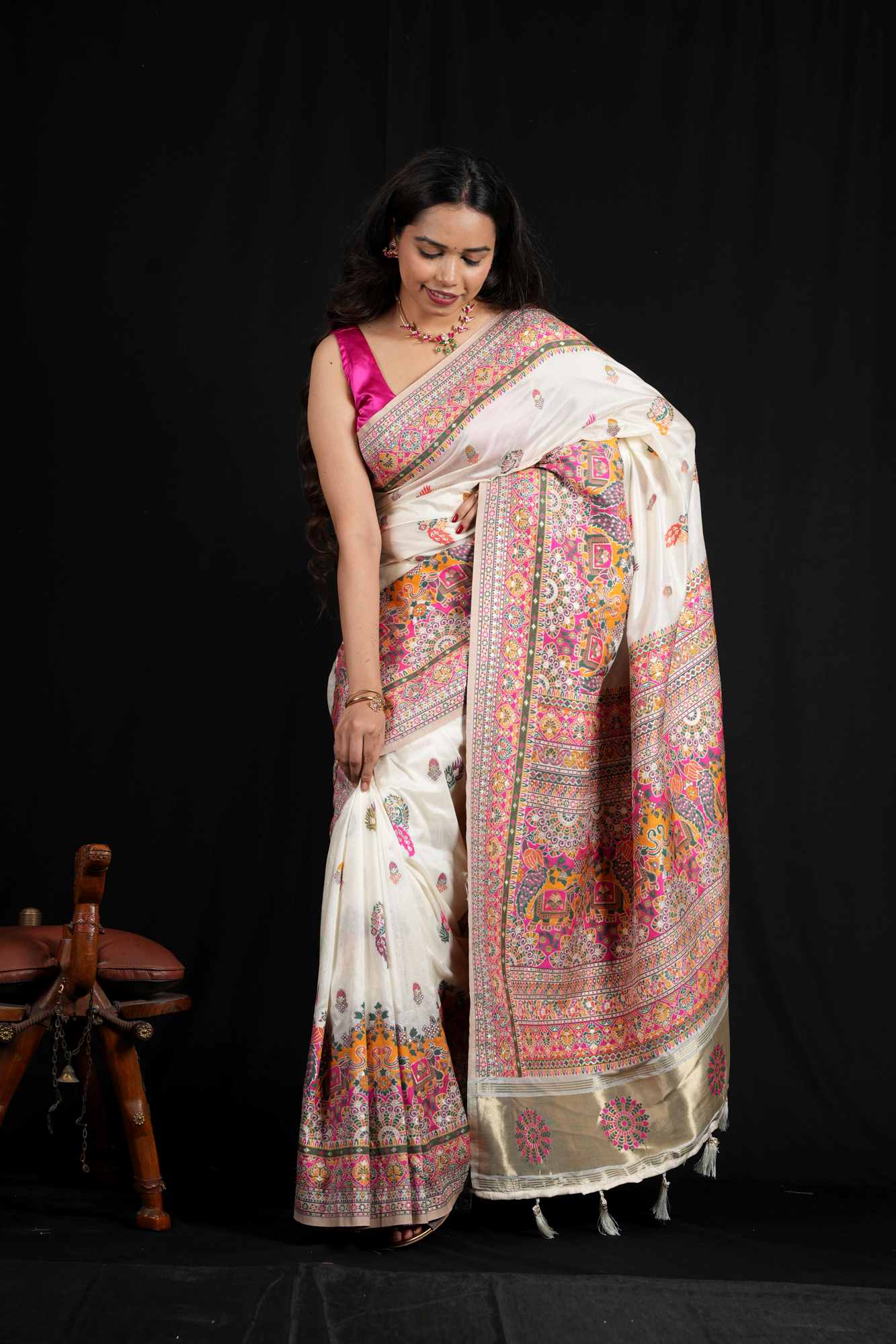 Premium cotton silk with pashmina Reshami weaving floral motifs and ornate woven border ready to wear saree