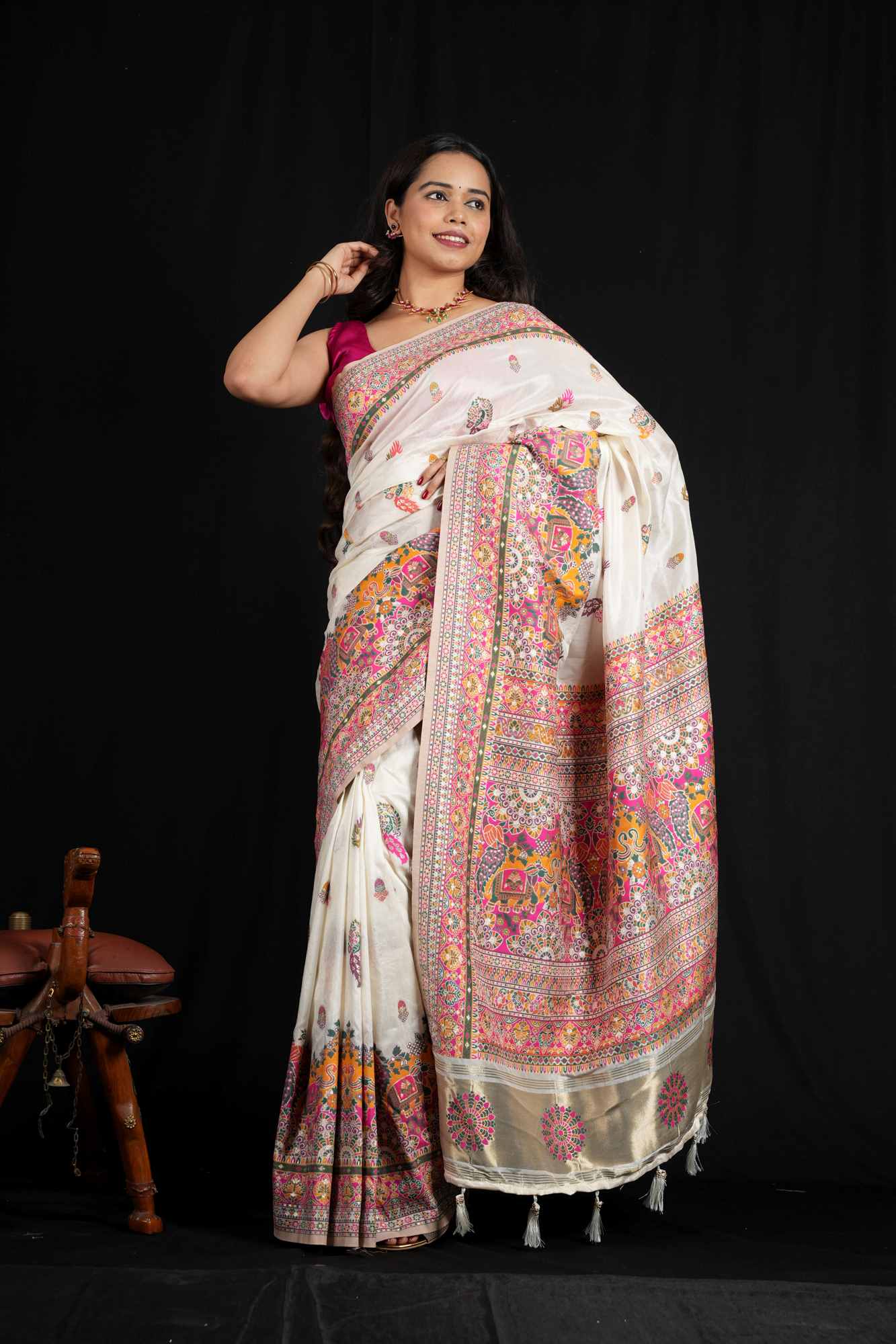 Premium cotton silk with pashmina Reshami weaving floral motifs and ornate woven border ready to wear saree