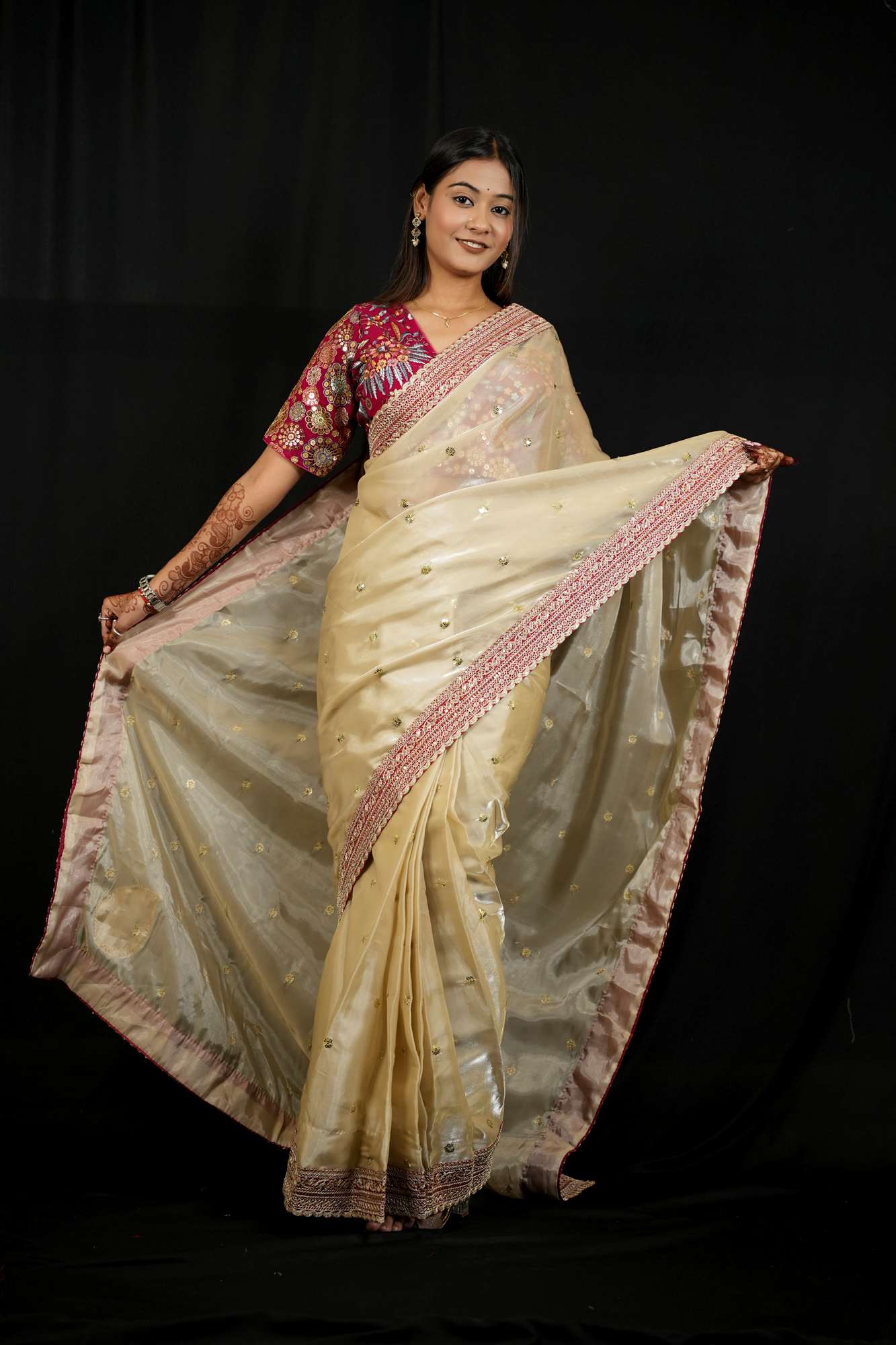 Jimi Chu Fabric with Embroidery Lace Border & Sequin Butti Work Ready To Wear Saree