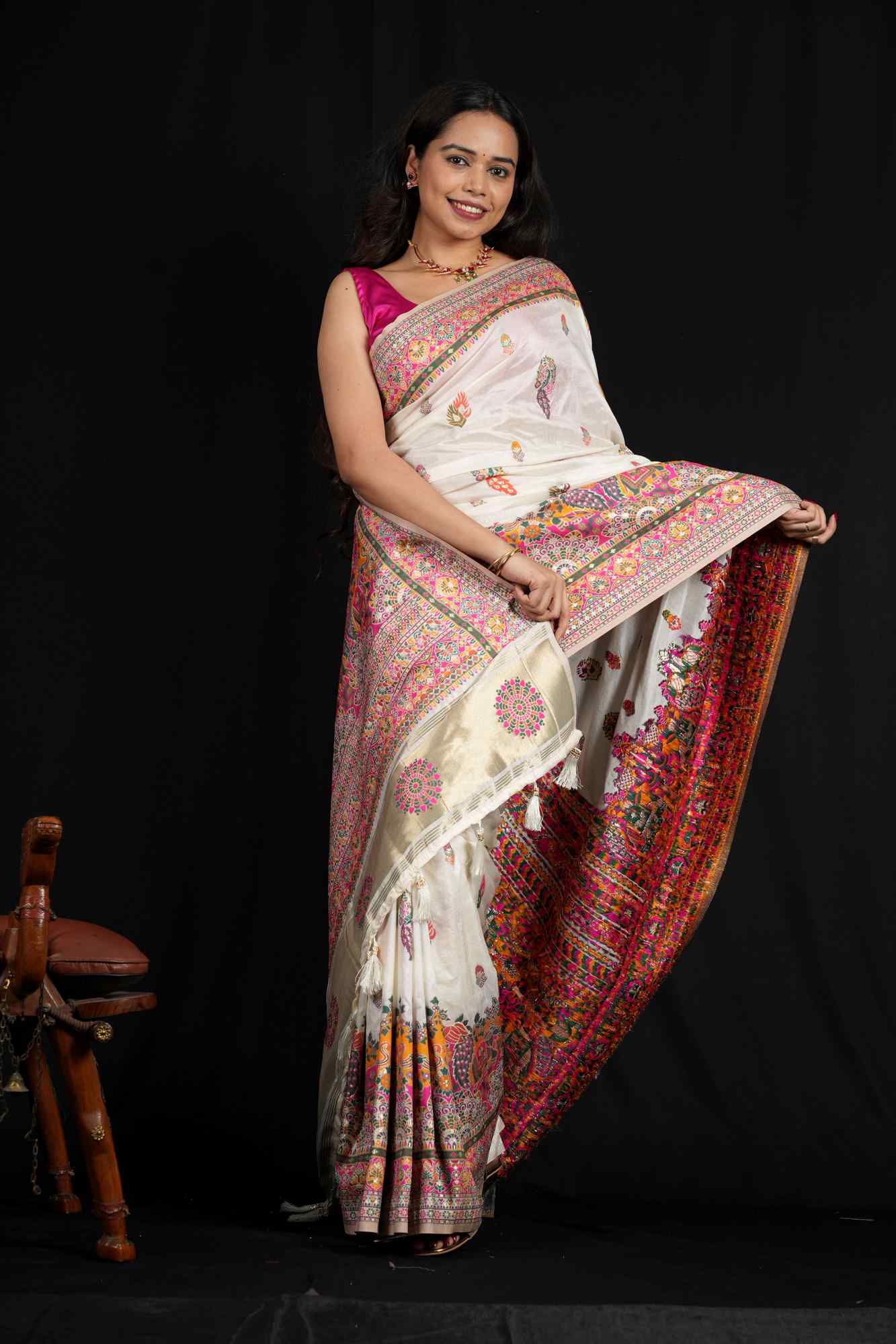 Premium cotton silk with pashmina Reshami weaving floral motifs and ornate woven border ready to wear saree