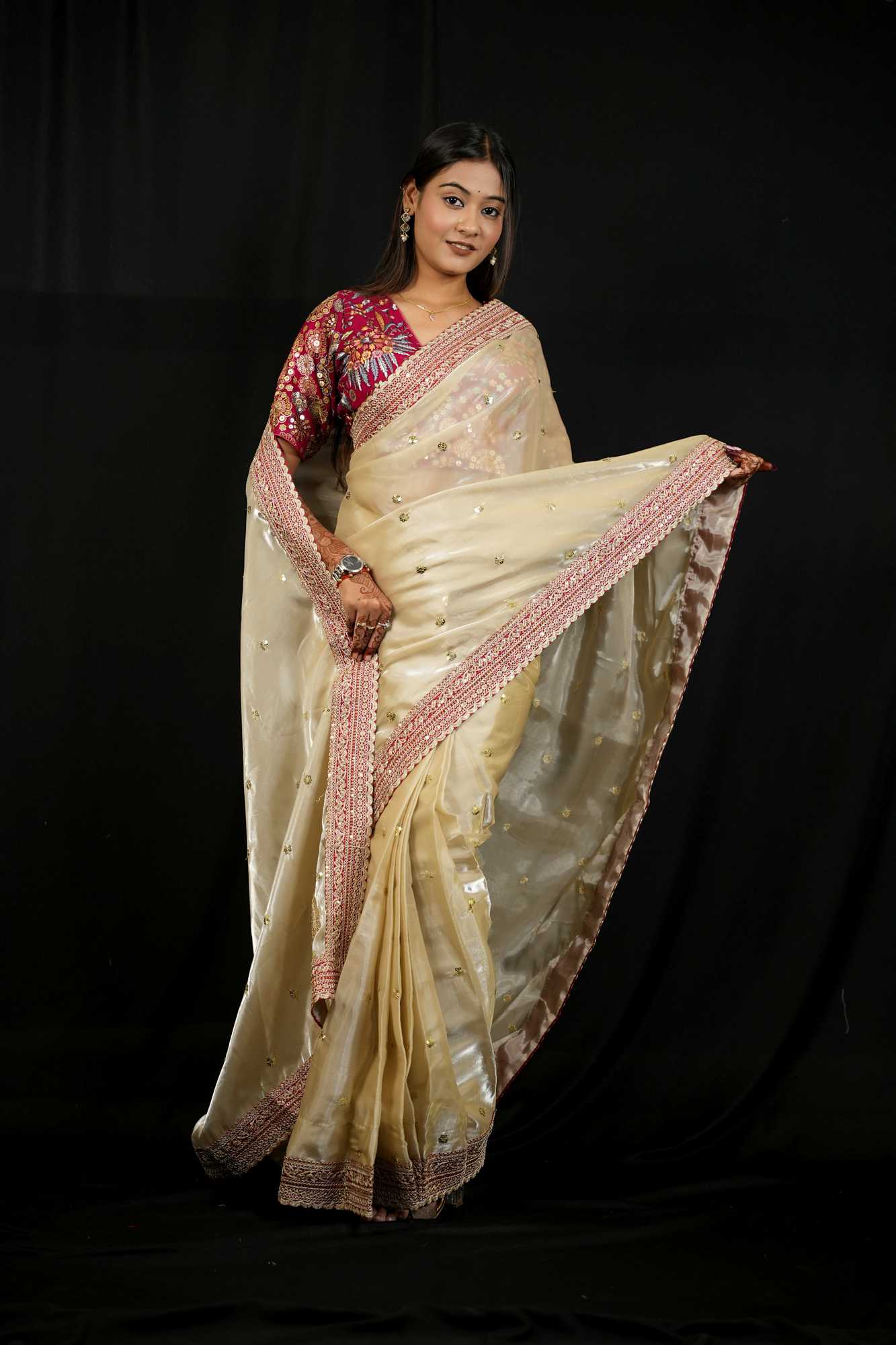 Jimi Chu Fabric with Embroidery Lace Border & Sequin Butti Work Ready To Wear Saree