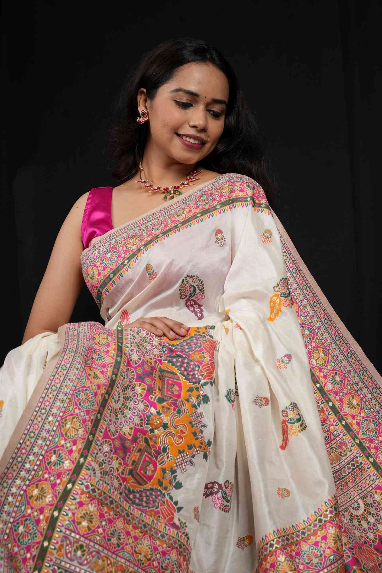 Premium cotton silk with pashmina Reshami weaving floral motifs and ornate woven border ready to wear saree