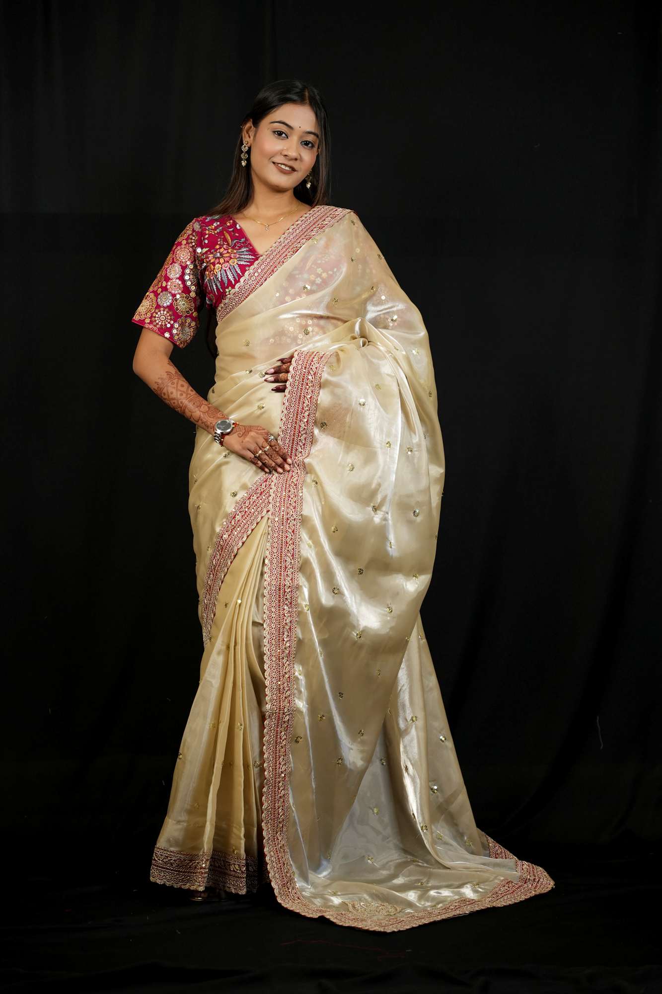 Jimi Chu Fabric with Embroidery Lace Border & Sequin Butti Work Ready To Wear Saree