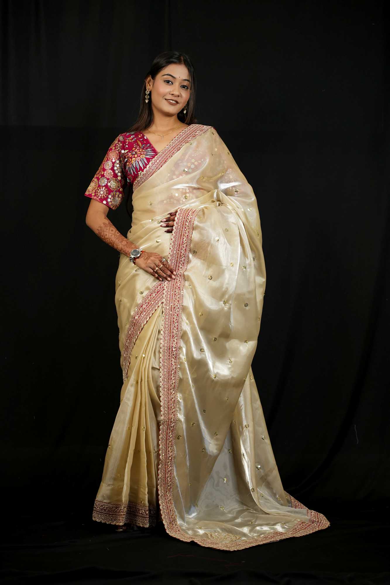 Jimi Chu Fabric with Embroidery Lace Border & Sequin Butti Work Ready To Wear Saree