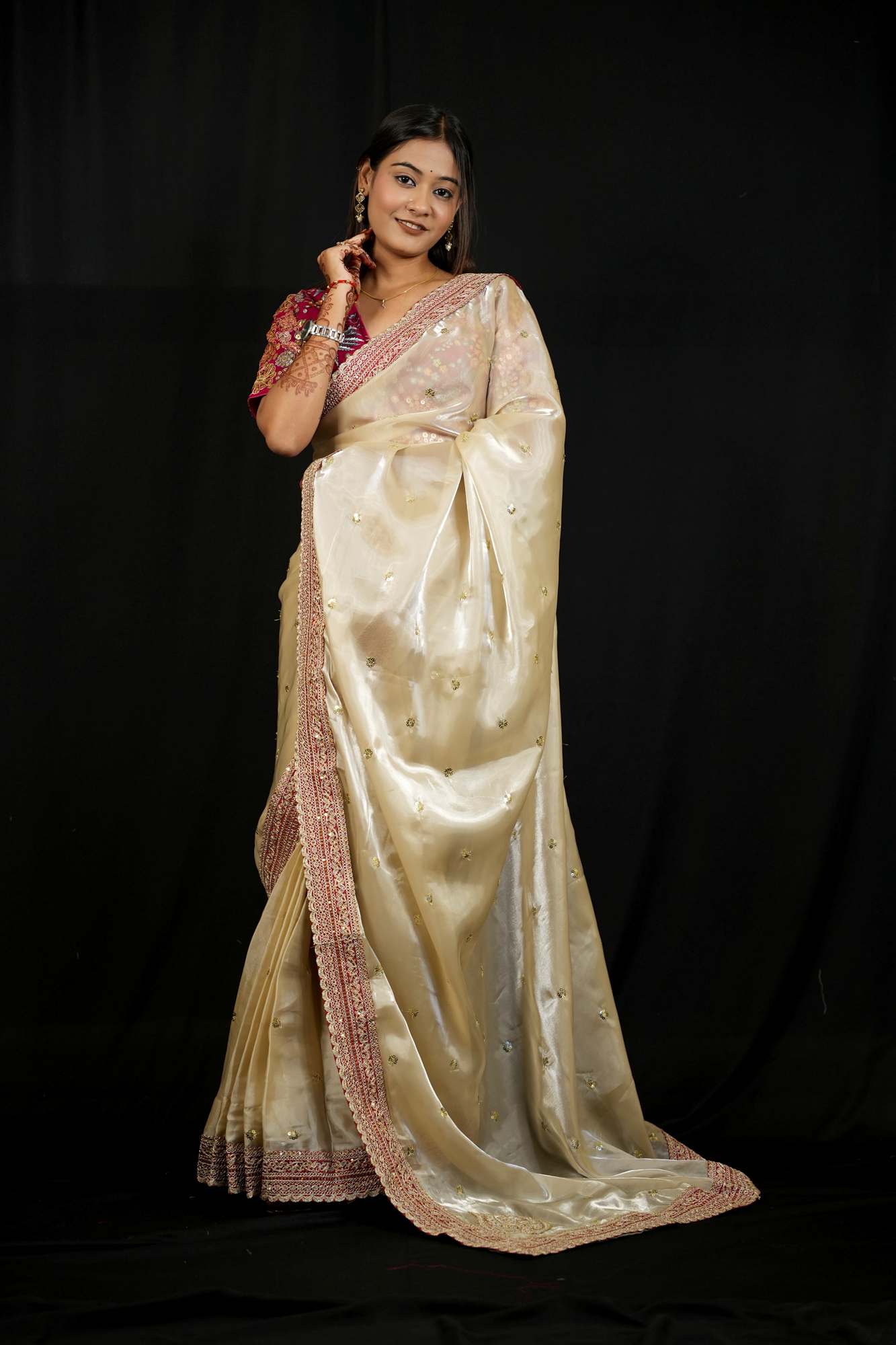 Jimi Chu Fabric with Embroidery Lace Border & Sequin Butti Work Ready To Wear Saree