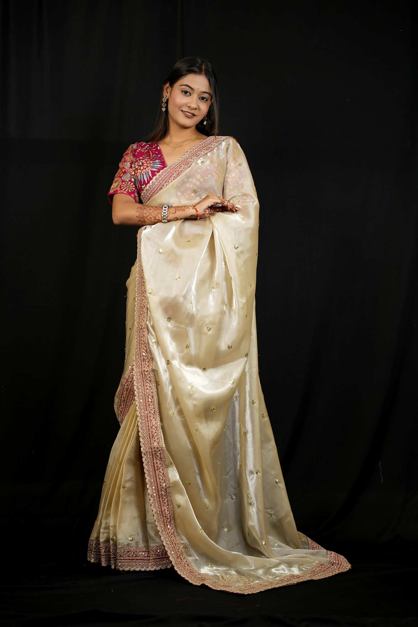 Jimi Chu Fabric with Embroidery Lace Border & Sequin Butti Work Ready To Wear Saree