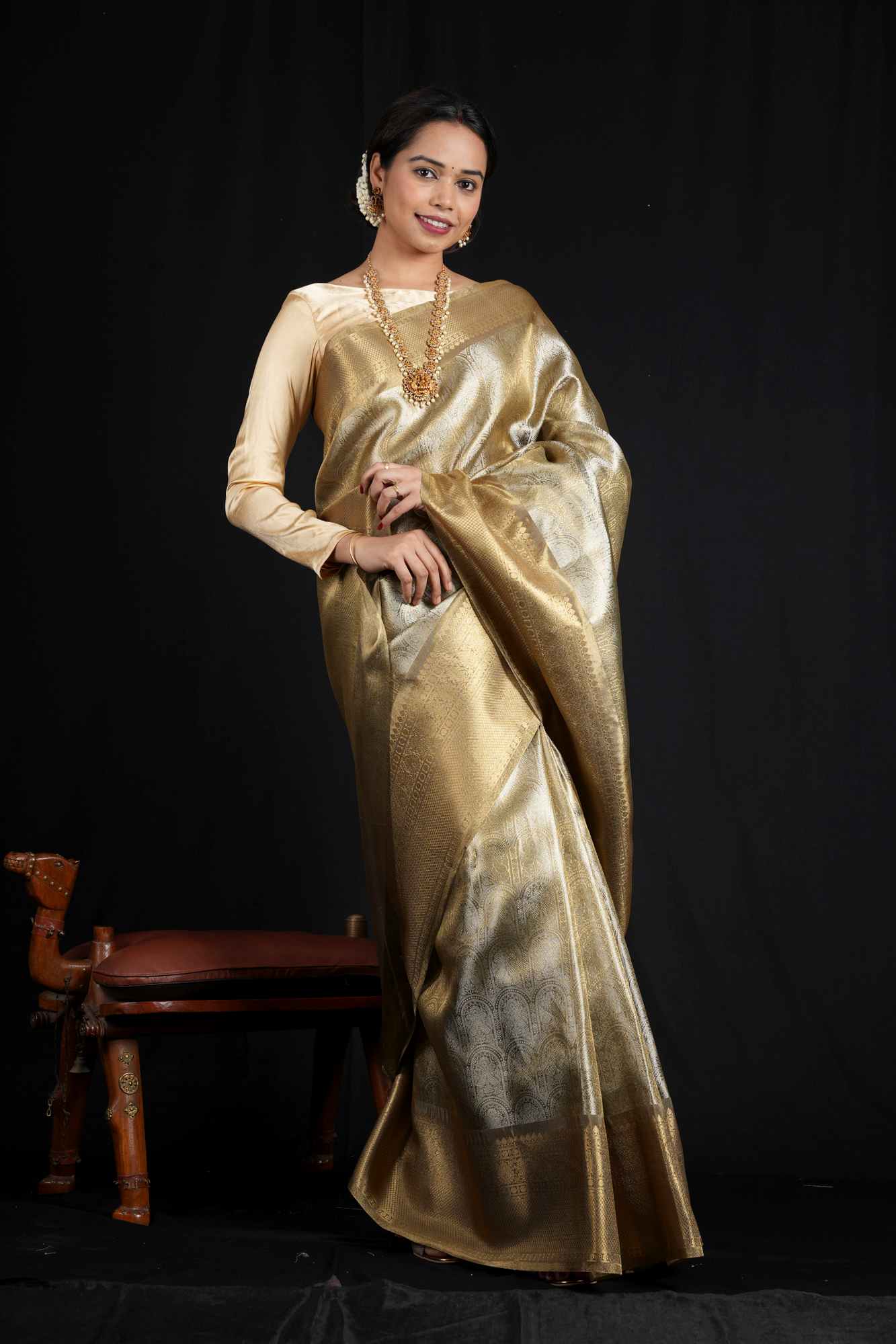 Soft Tissue Silk with Banarasi Motifs & Golden Zari Border Ready To Wear Saree