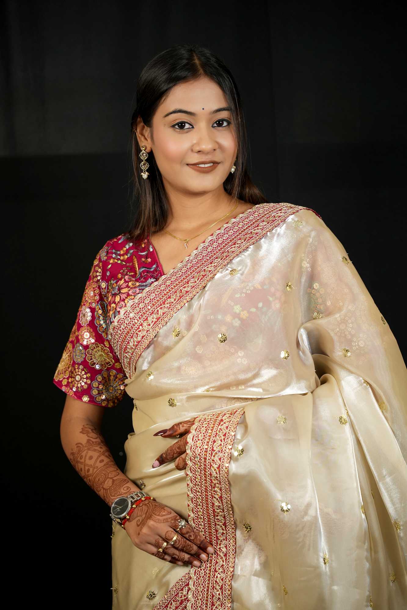 Jimi Chu Fabric with Embroidery Lace Border & Sequin Butti Work Ready To Wear Saree