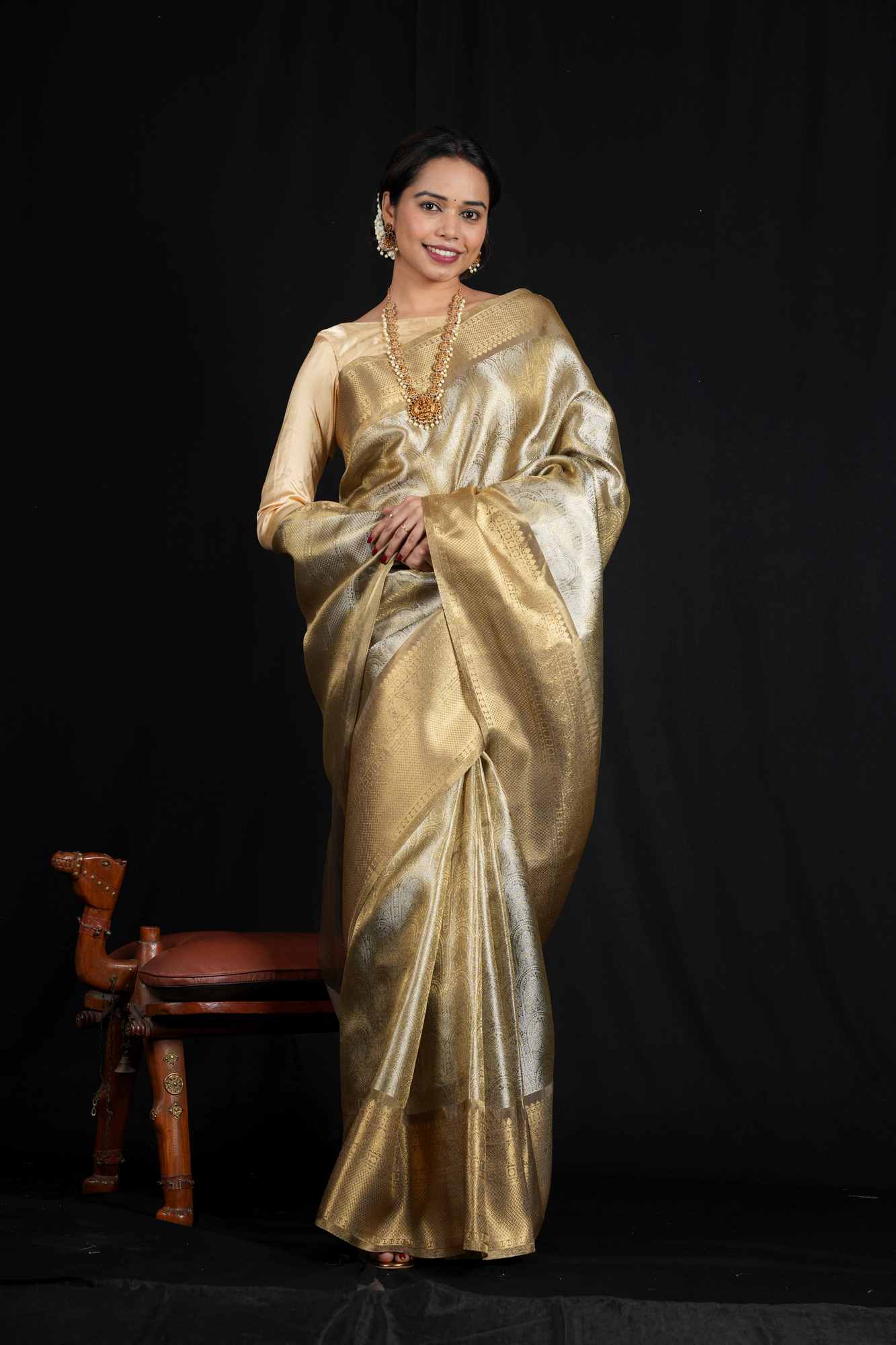 Soft Tissue Silk with Banarasi Motifs & Golden Zari Border Ready To Wear Saree