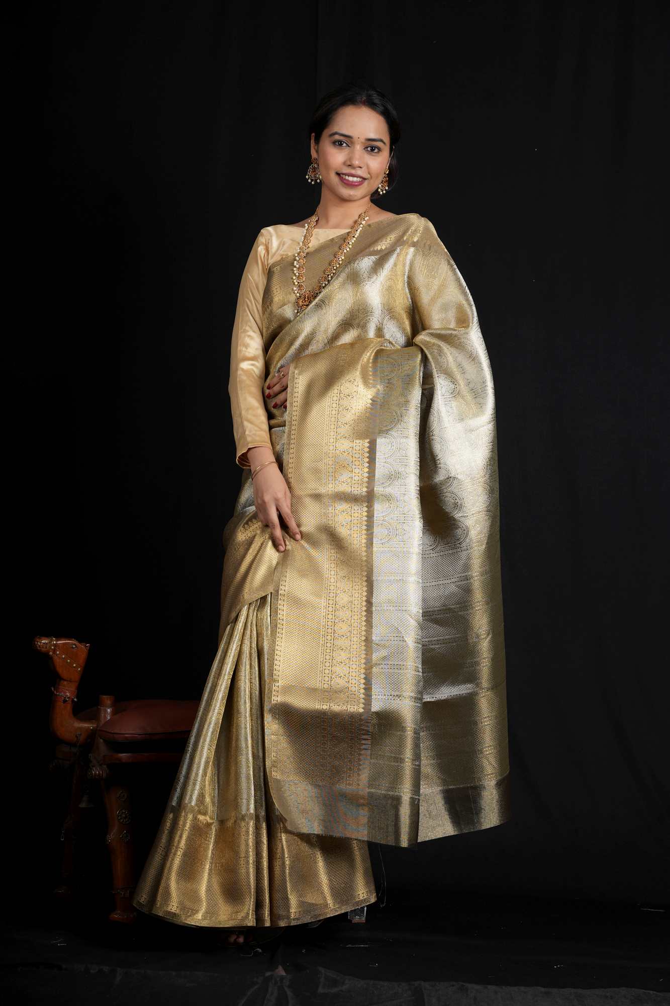 Soft Tissue Silk with Banarasi Motifs & Golden Zari Border Ready To Wear Saree