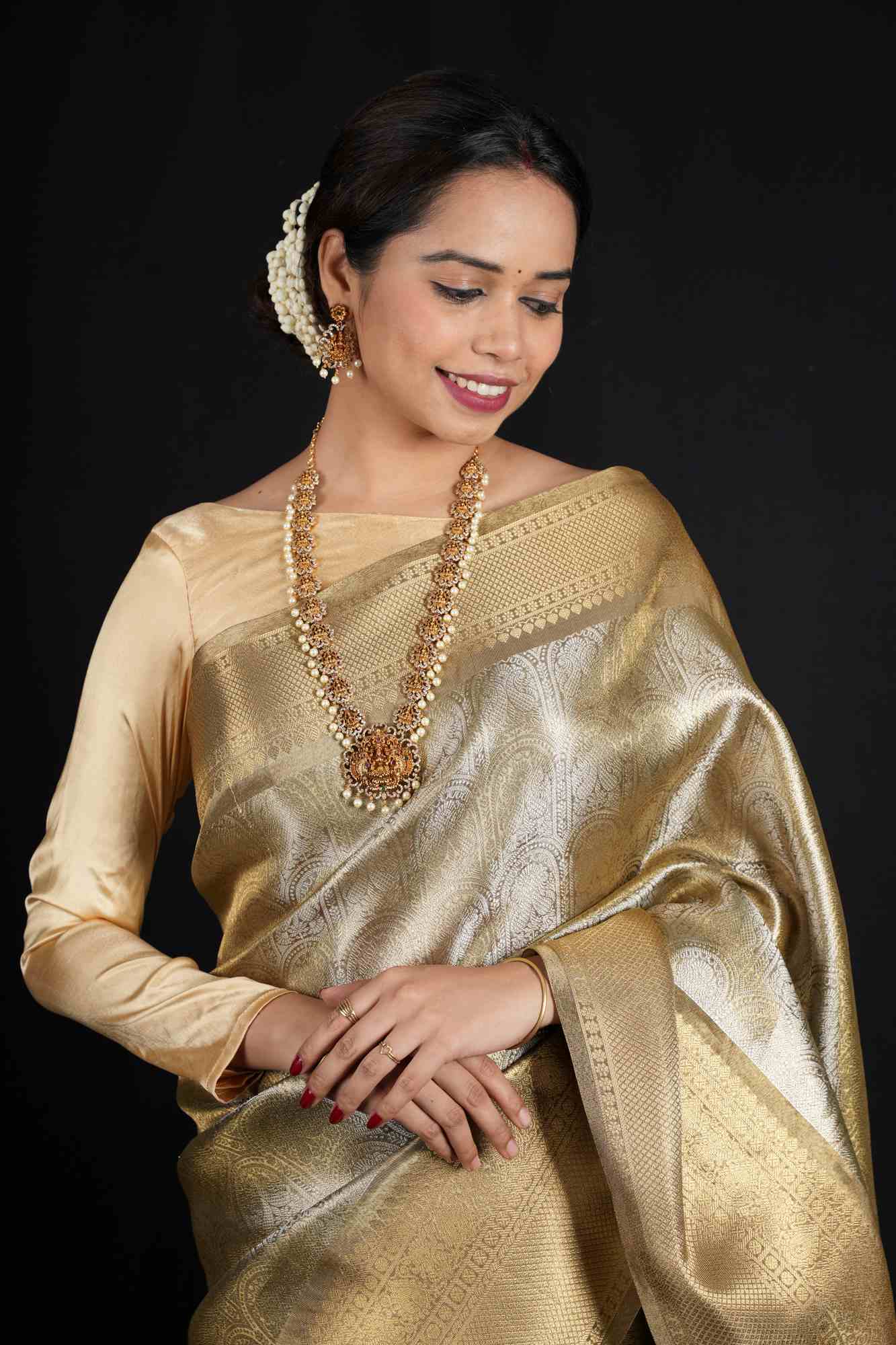 Soft Tissue Silk with Banarasi Motifs & Golden Zari Border Ready To Wear Saree