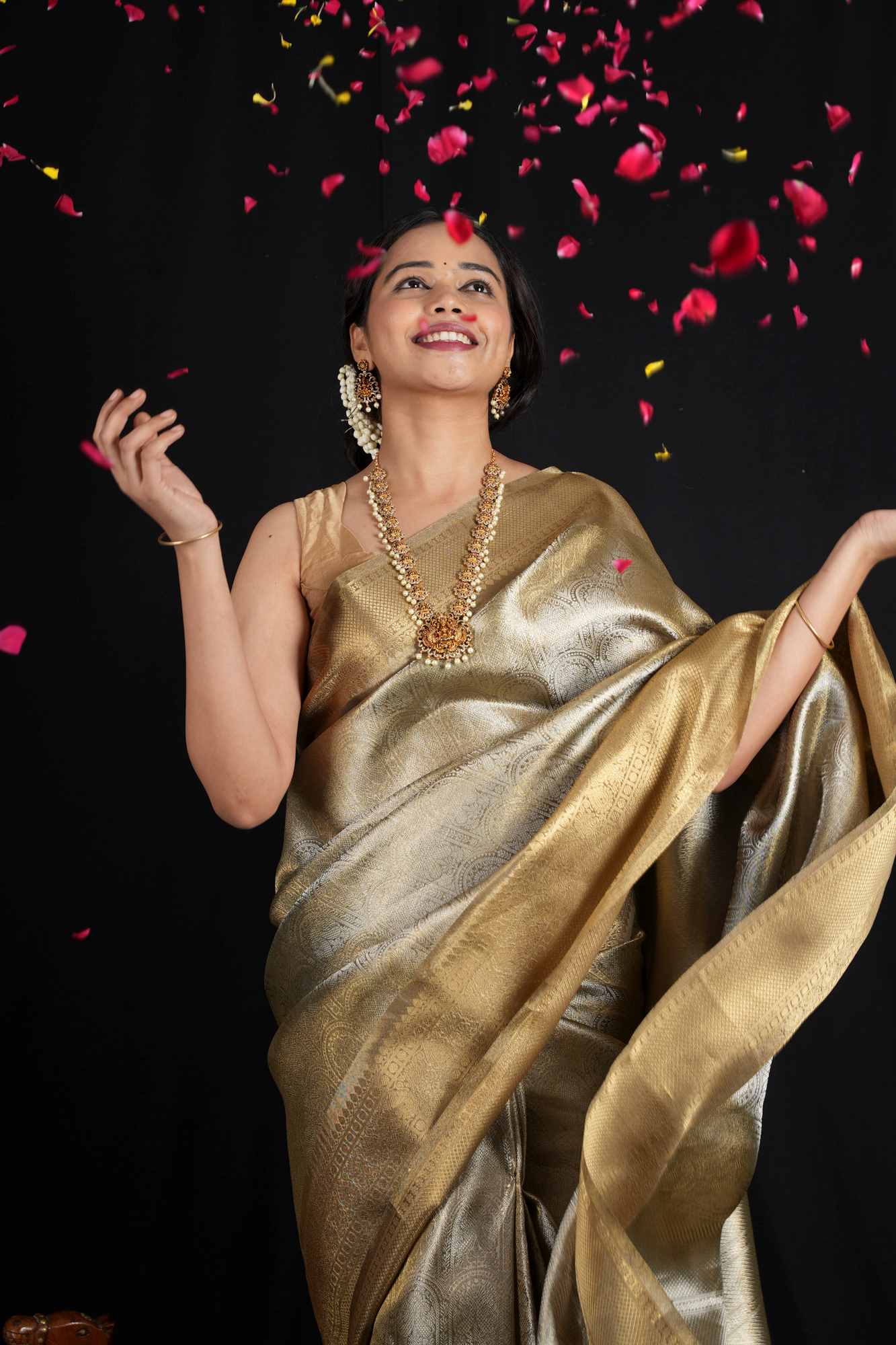 Soft Tissue Silk with Banarasi Motifs & Golden Zari Border Ready To Wear Saree