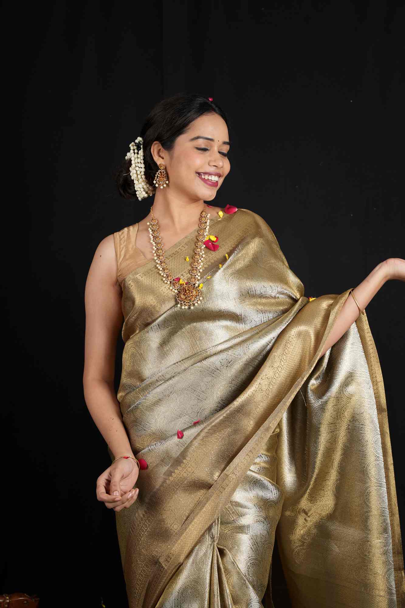 Soft Tissue Silk with Banarasi Motifs & Golden Zari Border Ready To Wear Saree