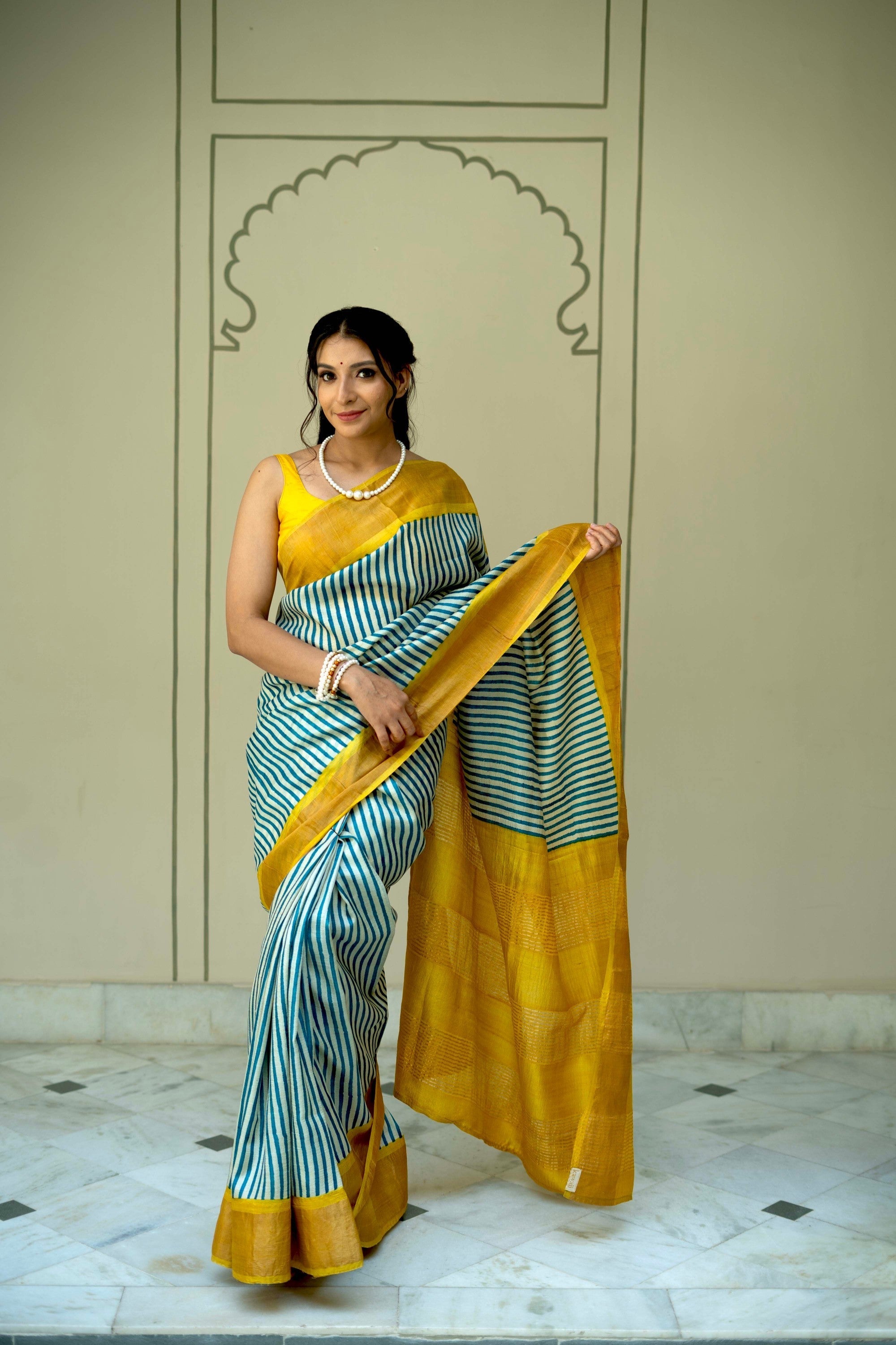Beige-Blue Jari Tussar Silk Saree with Handblock Stripes and Zari Border | SILK MARK CERTIFIED | Shobitam
