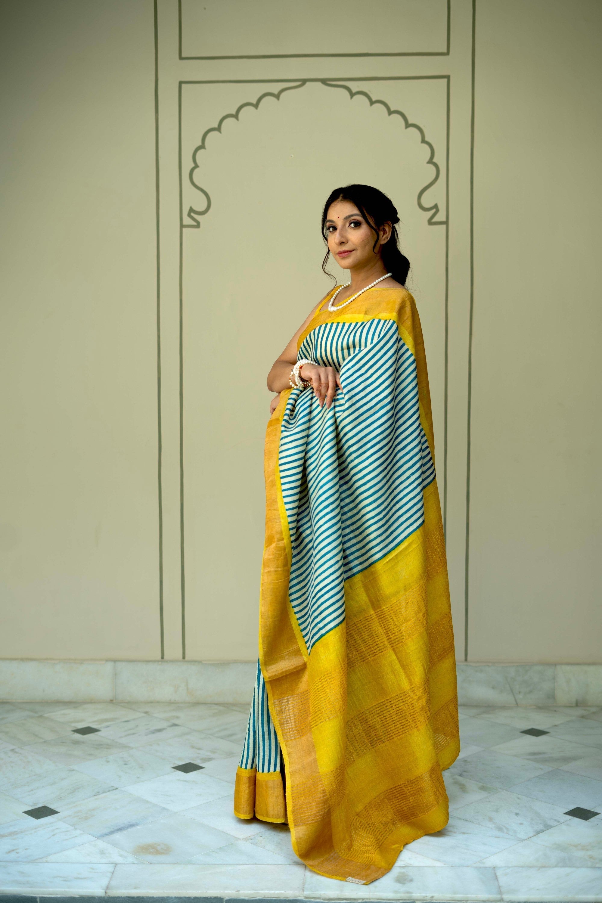 Beige-Blue Jari Tussar Silk Saree with Handblock Stripes and Zari Border | SILK MARK CERTIFIED | Shobitam