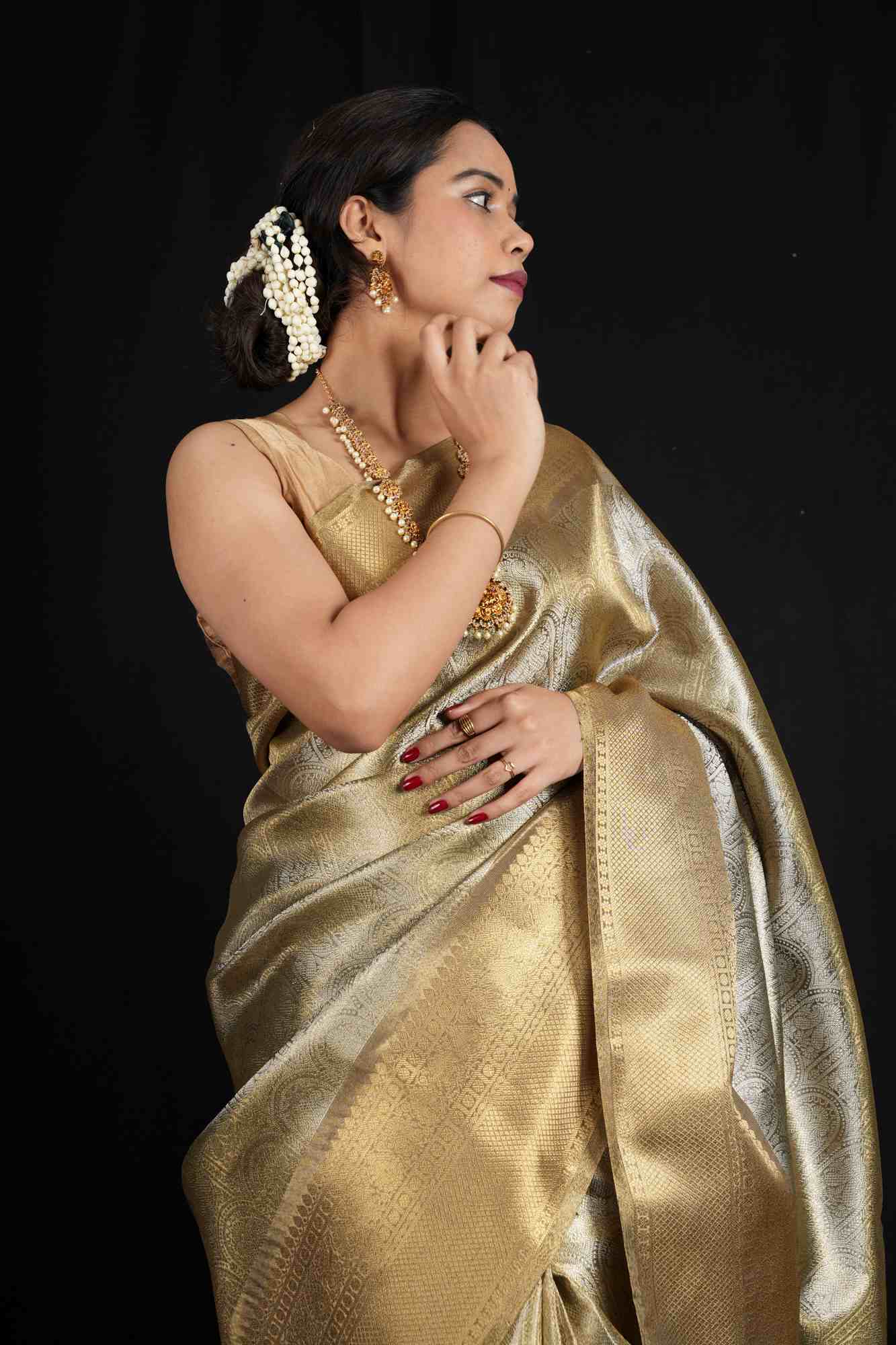 Soft Tissue Silk with Banarasi Motifs & Golden Zari Border Ready To Wear Saree