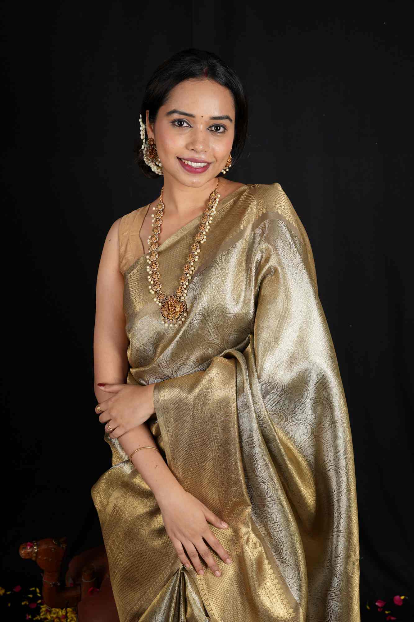 Soft Tissue Silk with Banarasi Motifs & Golden Zari Border Ready To Wear Saree