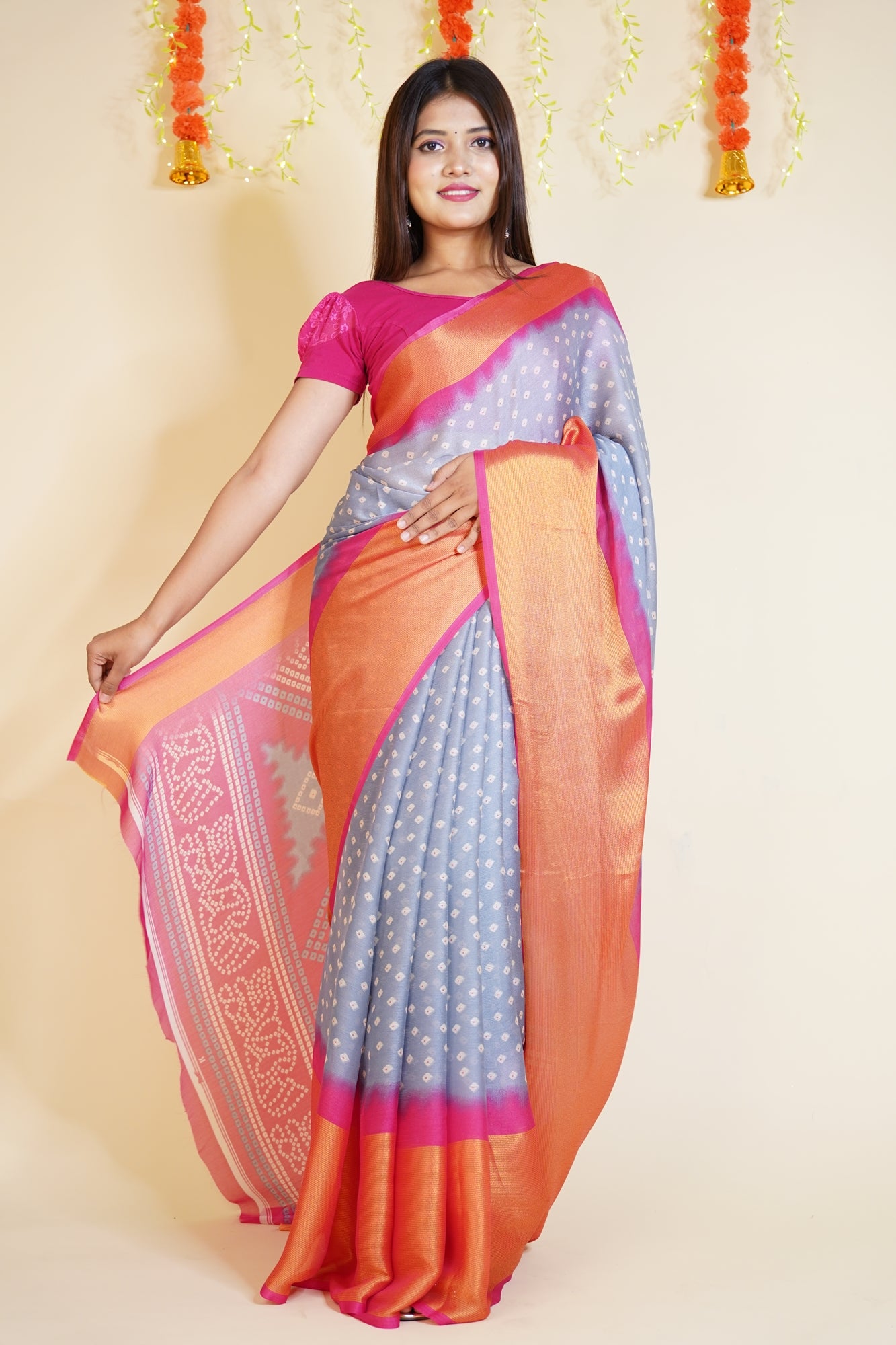 Ready to Wear Bandhani printed Moss Chiffon Wrap in 1 minute saree With Readymade Blouse - Isadora Life Online Shopping Store