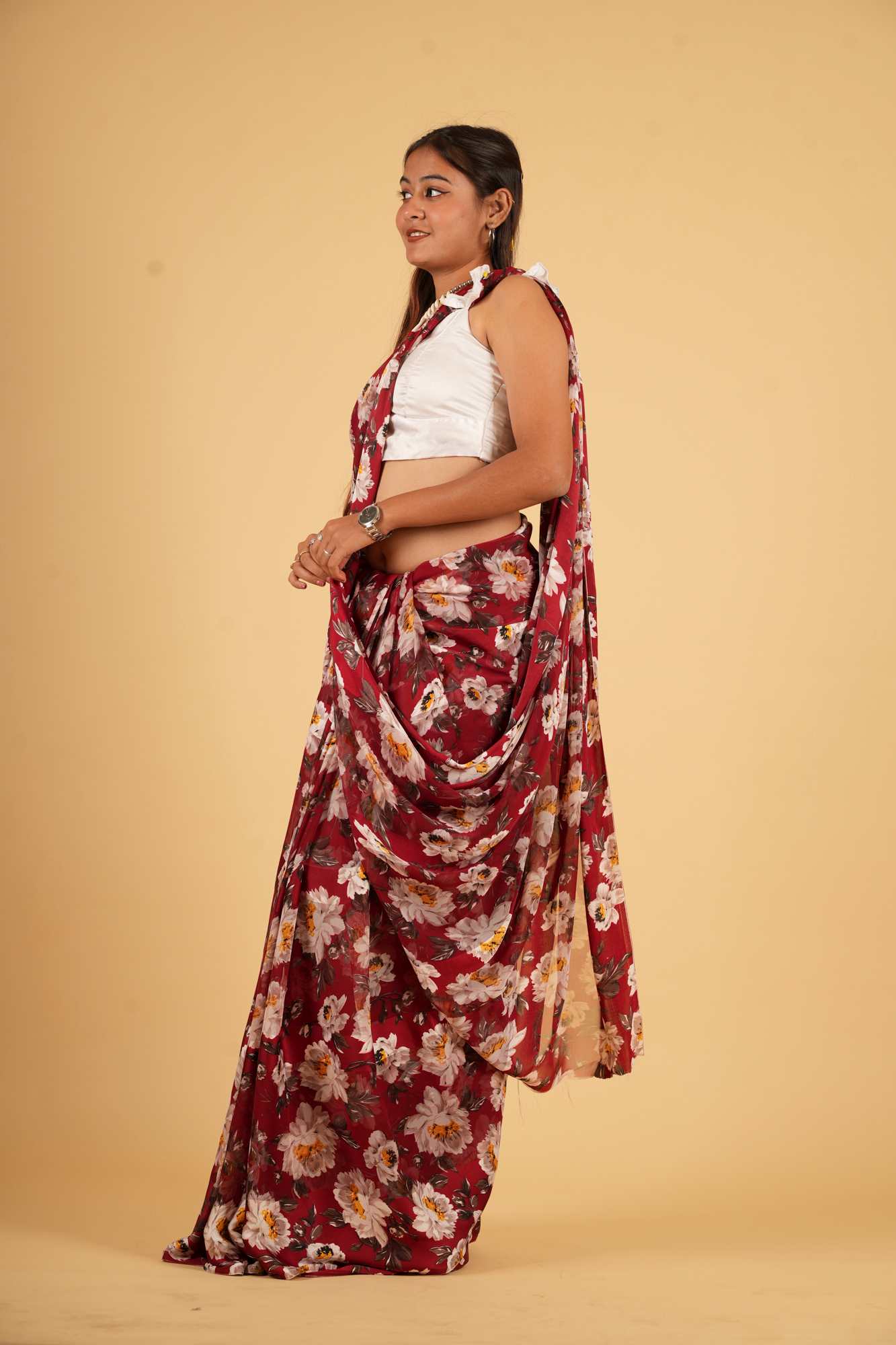 Deep Red Georgette with White & Yellow Floral Print Ready To Wear Saree